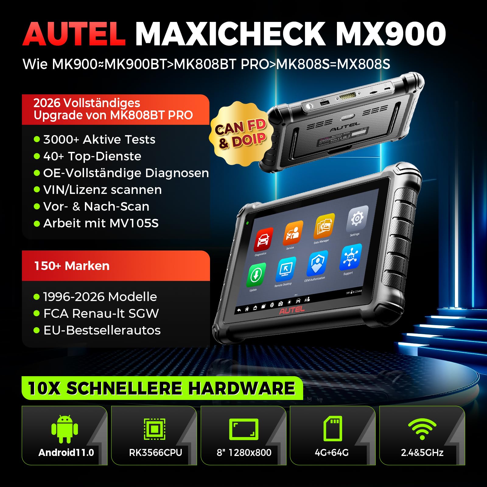 Autel MaxiCheck MX900 OBD2 Diagnosegerät Auto, 2025 Funktion wie MK900 MK900BT, Upgrade MaxiCOM MK808BTPRO MK808S MX808S Diagnosegerät für Alle Fahrzeuge, 3000+ Aktive Test,DoIP&CANFD, 40+ Dienst,OS11