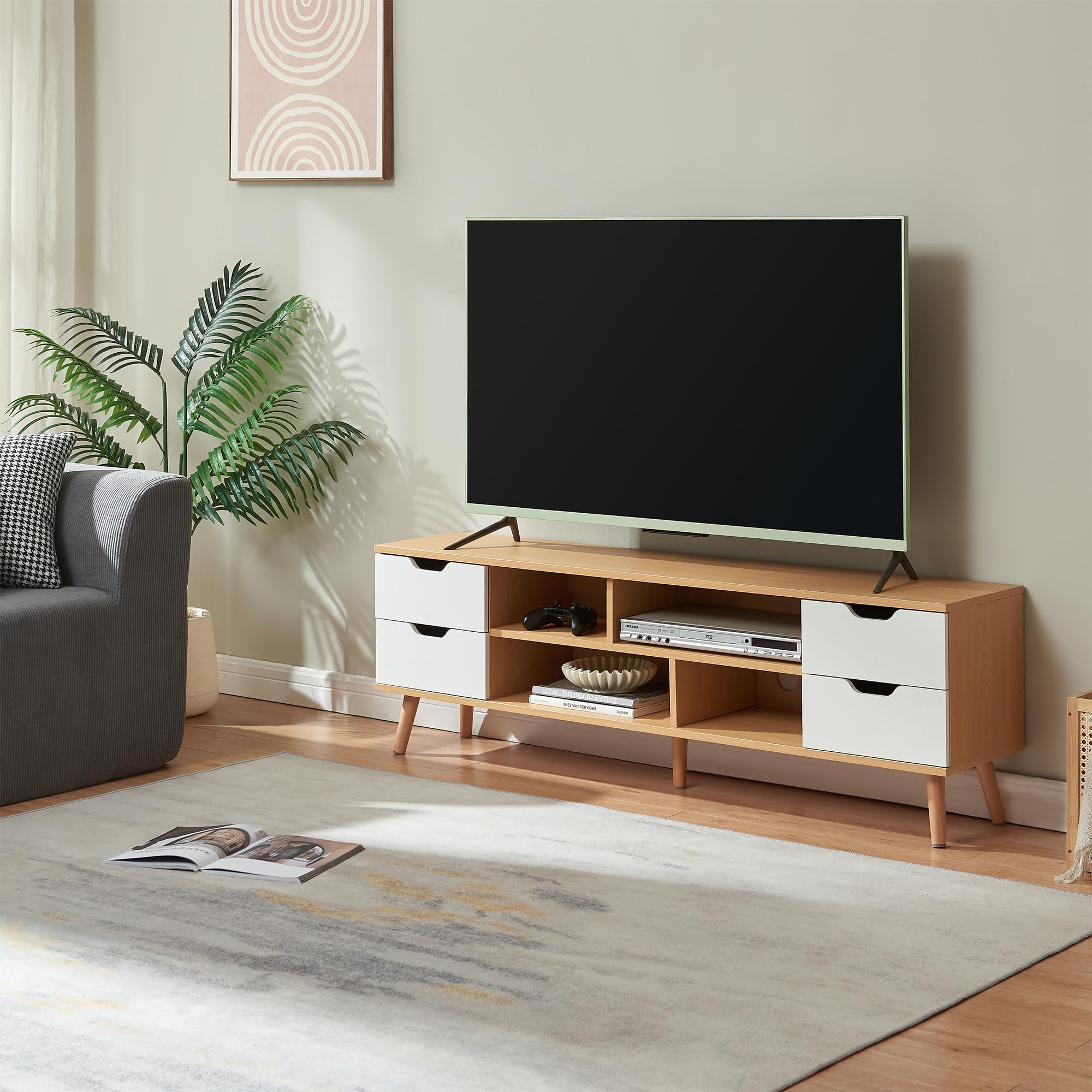 [en.casa] Mobile Porta TV con 4 Cassetti e Scomparti Vani Portaoggetti Stand Multimediale Mobile Contenitore per Soggiorno Camera da Letto Studio 140 x 30 x 45 cm - Effetto Rovere/Bianco