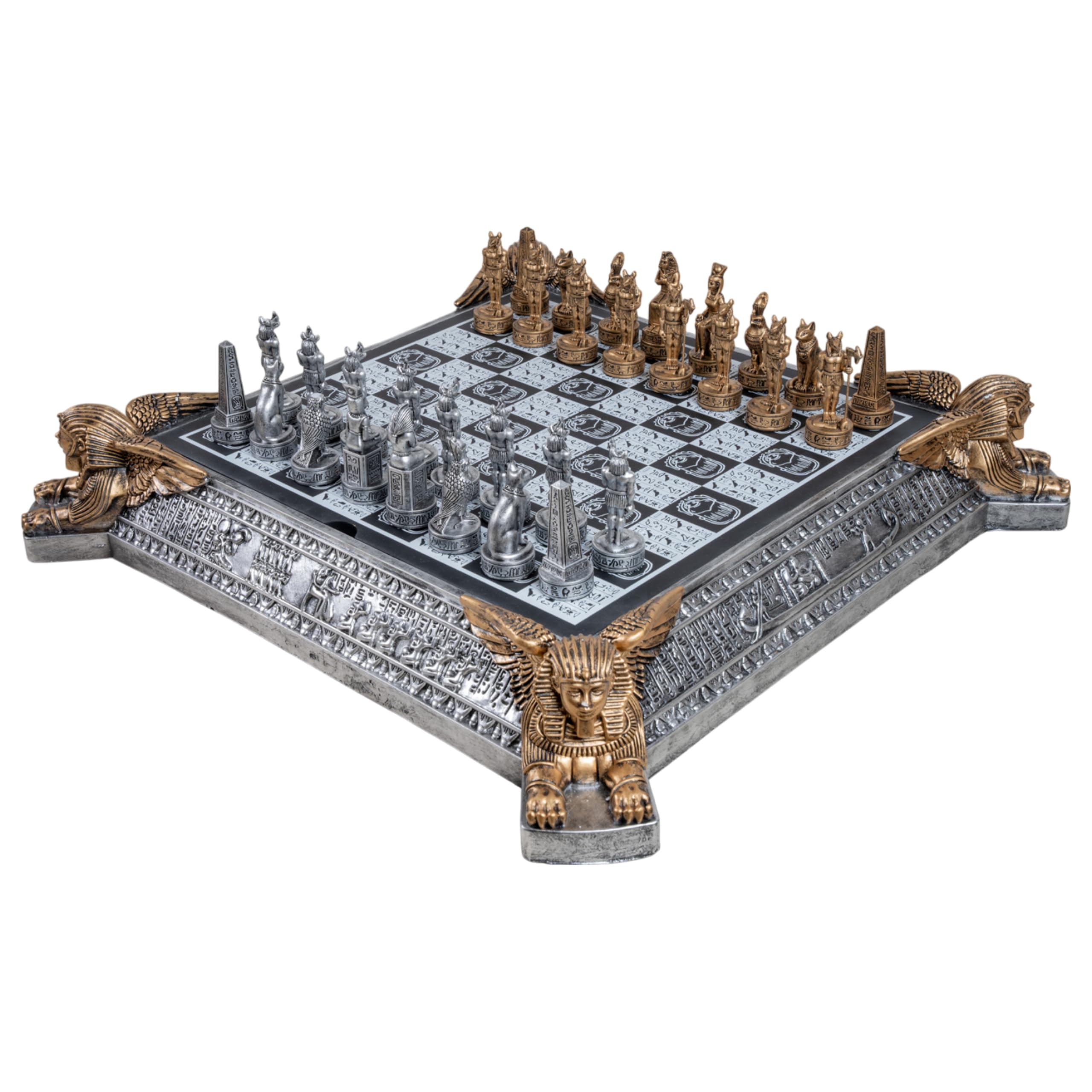 Ancient Egypt Professional Chess Board Set with Pyramids and Glass Top 40 x 40 cm, Ceramic Base and High Quality Gold and Silver Resin Pawns - Gift Idea