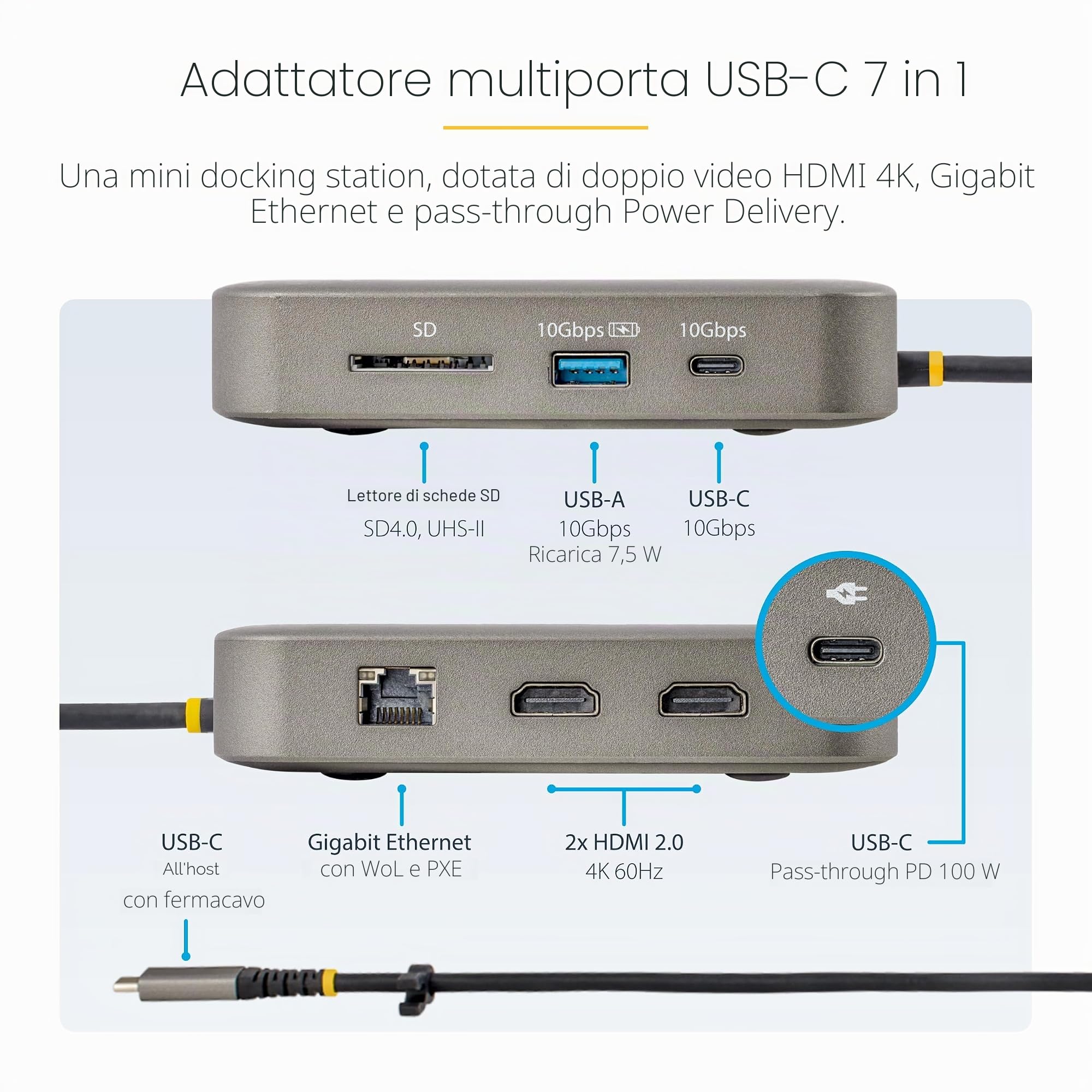 StarTech Docking Station USB-C 7-in-1 DisplayLink Dual 4K 60Hz HDMI, GbE | Compatibile MacBook M1 M2 M3 M4, Windows