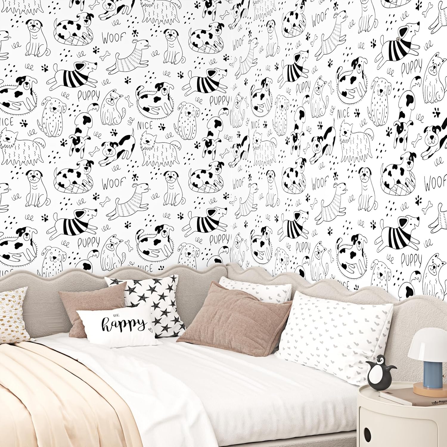 Black and White Dog Wallpaper Peel and Stick White Contact Paper Animal Nursery Wallpaper Fun Puppy Self Adhesive Contact Paper for Walls Kids Room Bedroom Cabinet Liner Dog Decor 17.5"x102"