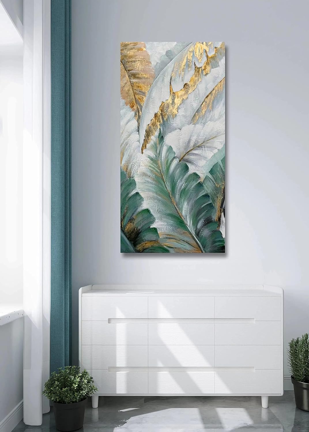 Boieesen Art,24x48Inch Hand-Painted Abstract Banana Leaf Oil Painting Green leaves Wall Art Tropical Style Artwork White Gold Acrylic Canvas Painting Wood Inside Framed Ready to Hang