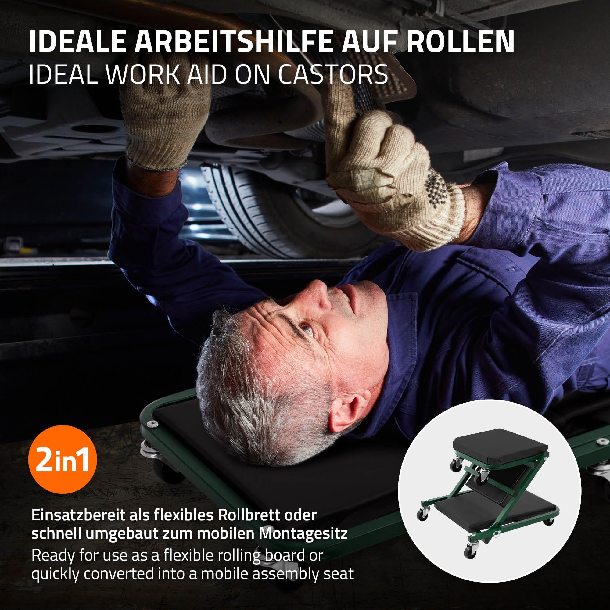 ECD Germany siedzisko montazowe i rolkowa deska warsztatowa 2w1 ze stali zielona skladana 360° stolek warsztatowy i lezanka warsztatowa do 150 kg idealna do napraw samochodów wymiany opon i serwisu