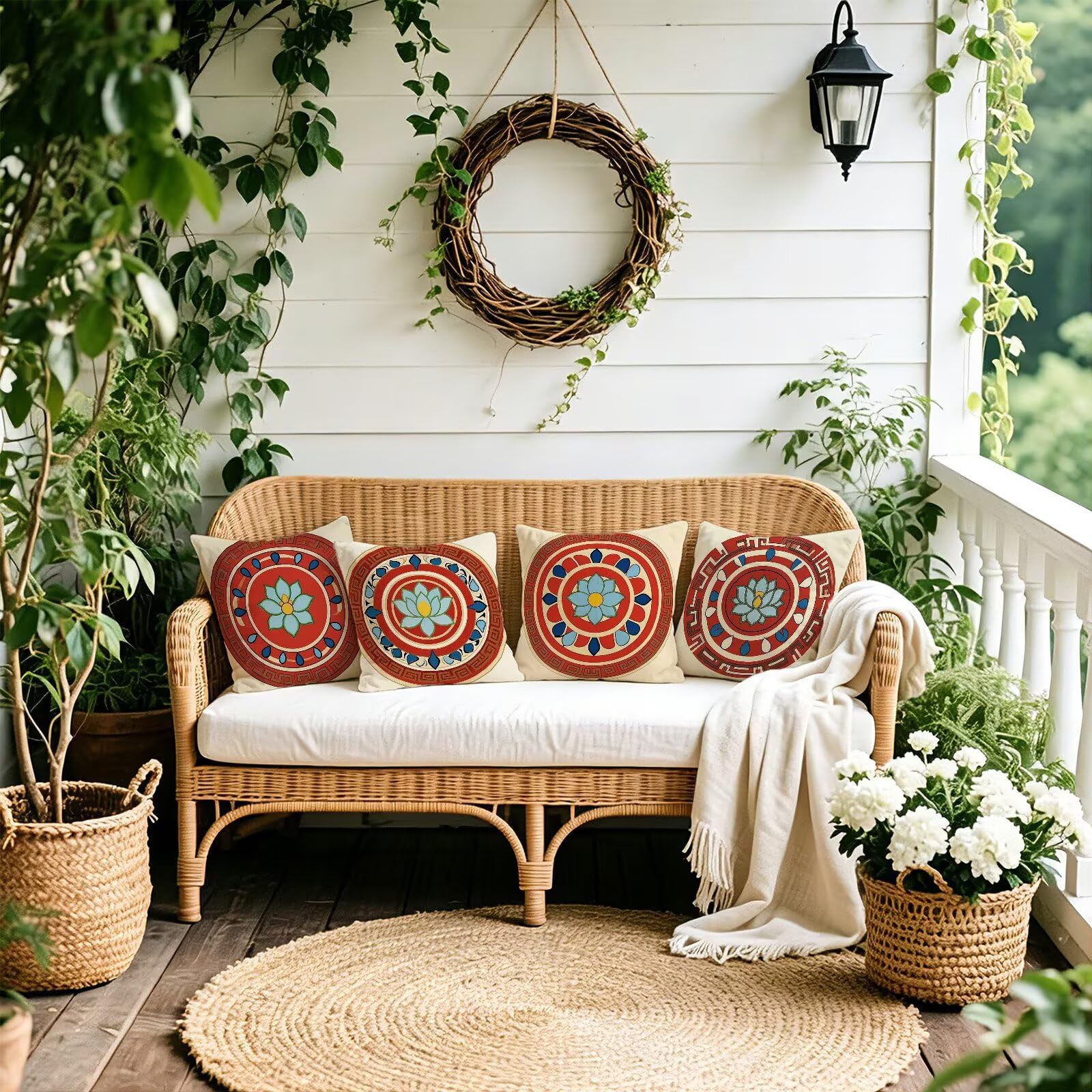 Rosso Federe Cuscini Divano 40x40cm, Cuscini da Esterno Set de 4, Cod-154 | Lin Copricuscini Decorativi Letto Arredo, per Letto, Soggiorno, Giardino, Esterno, Casa Decorazione Set di 4 Retro