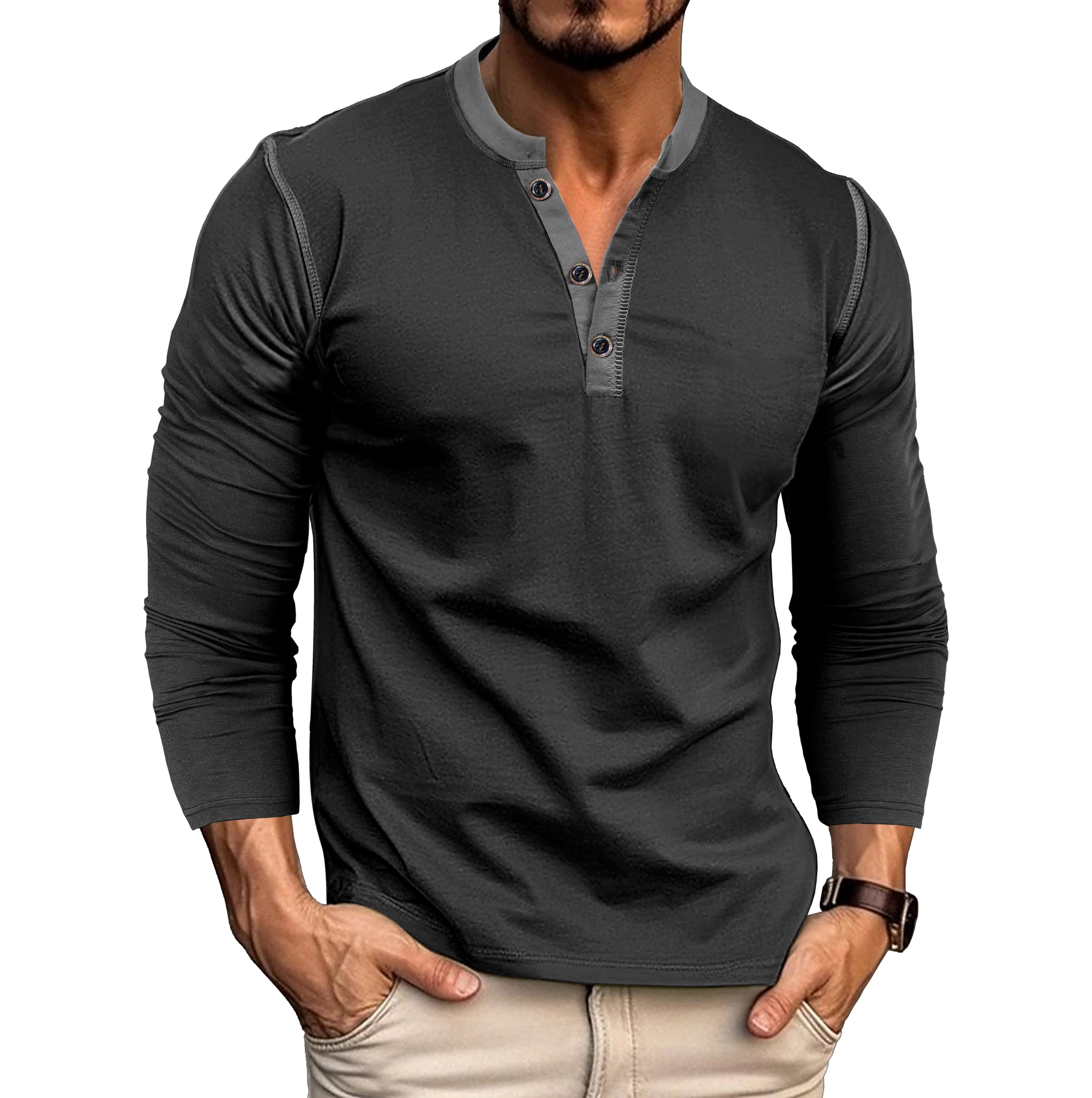 Men's Casual Fashion Henley Shirt Classic Long Sleeve Lightweight Button Cotton Collarless T-Shirt Top