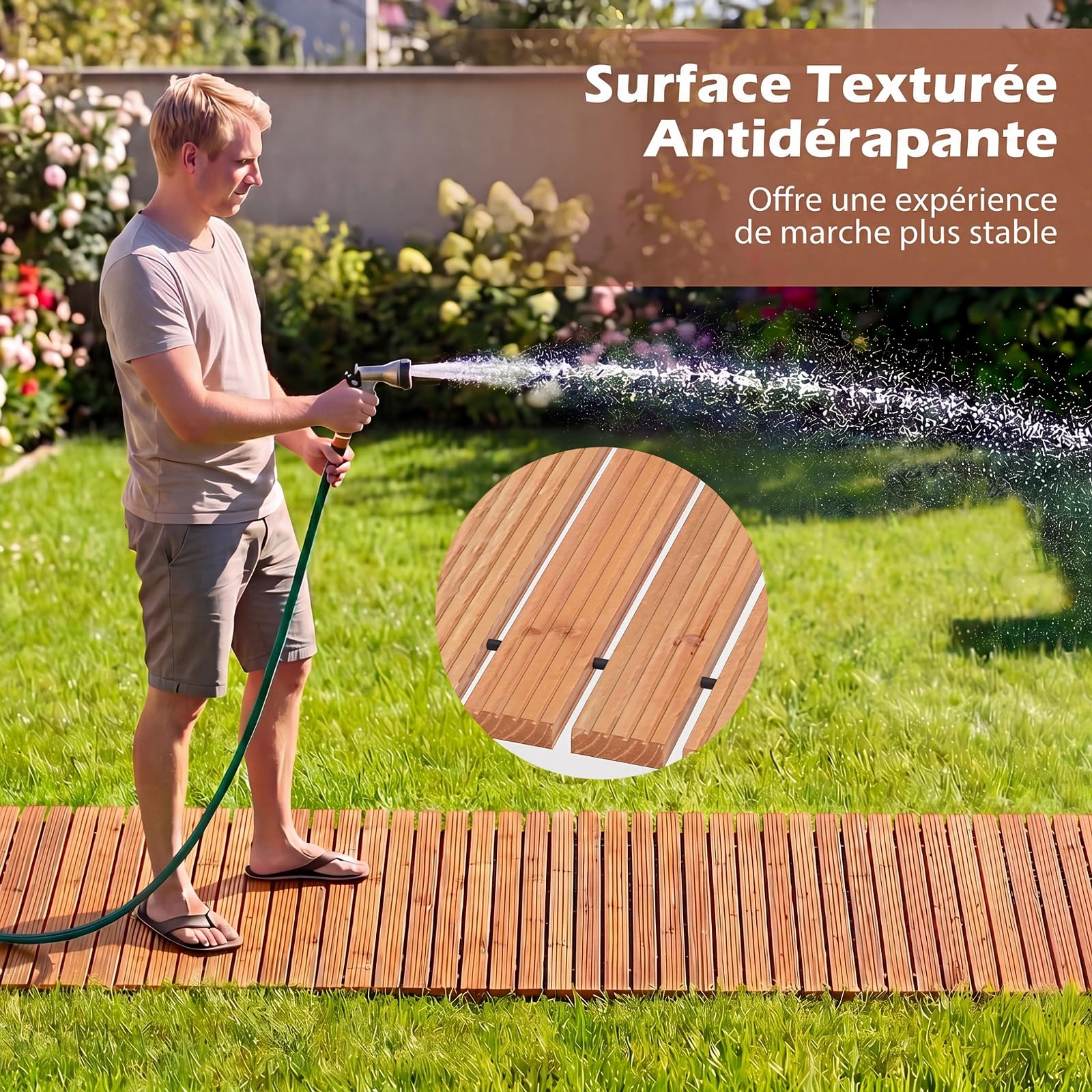 GYMAX Allée de Jardin en Bois 367 cm, Chemin Enroulable Déroulable Extérieure Résistante aux Intempéries, Instantané Pliable, pour Jardin, Terrasse, Cour, Plage, Fête de Mariage (Naturel)