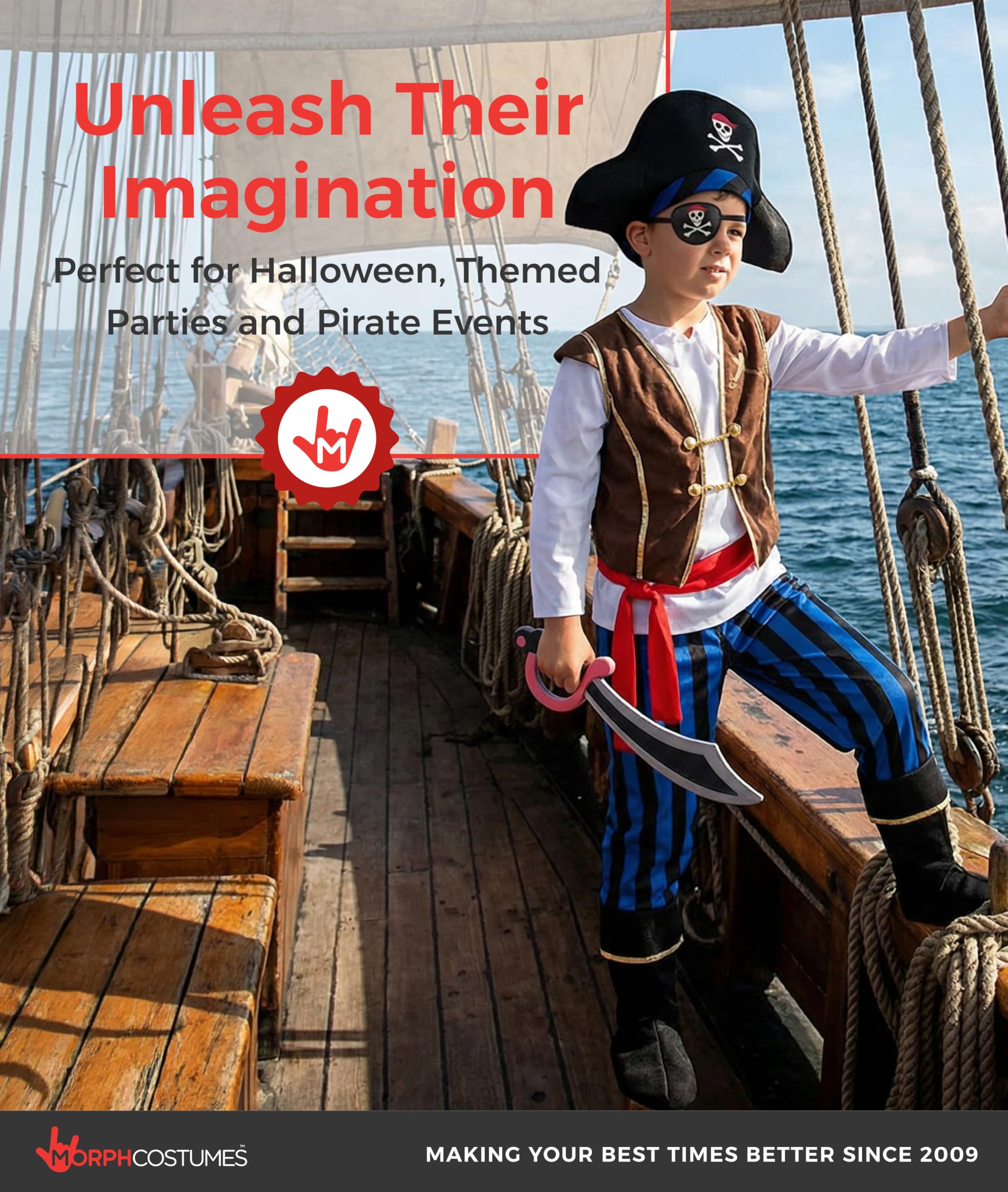 Morph Piratenkostüm für Kinder, Piraten Kostüm Kinder, Piratenkostüm Junge, Piratenkostüm Jungen, Pirat Kinderkostüm, Kostüm Pirat Kind in 4 Größen erhältlich