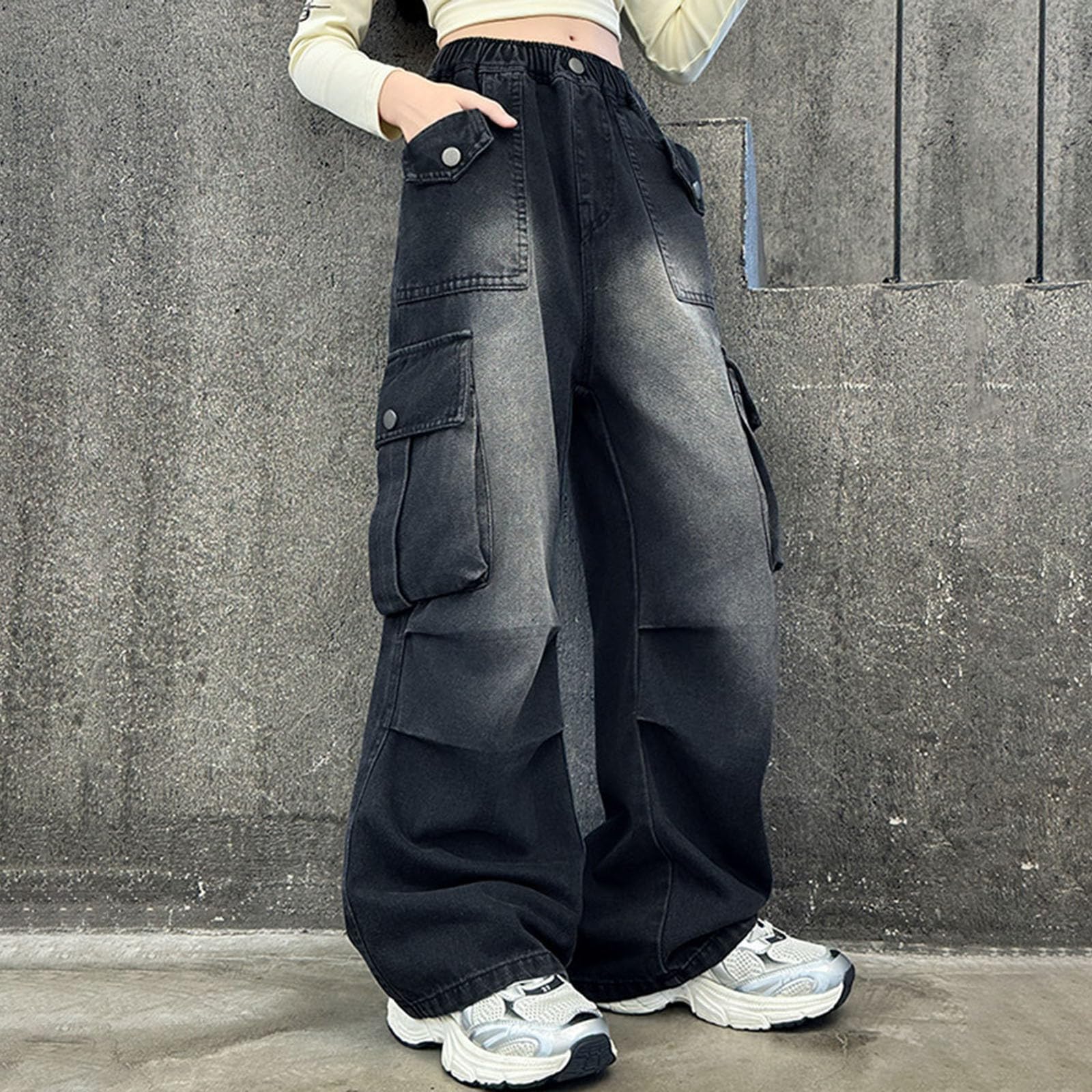 Baggy Cargo Jeans Mädchen Weites Bein High Waist Teenager Cool Jeans Hip Hop Cargohosen Gummibund Vintage Lässige Soft Jeanshose Retro