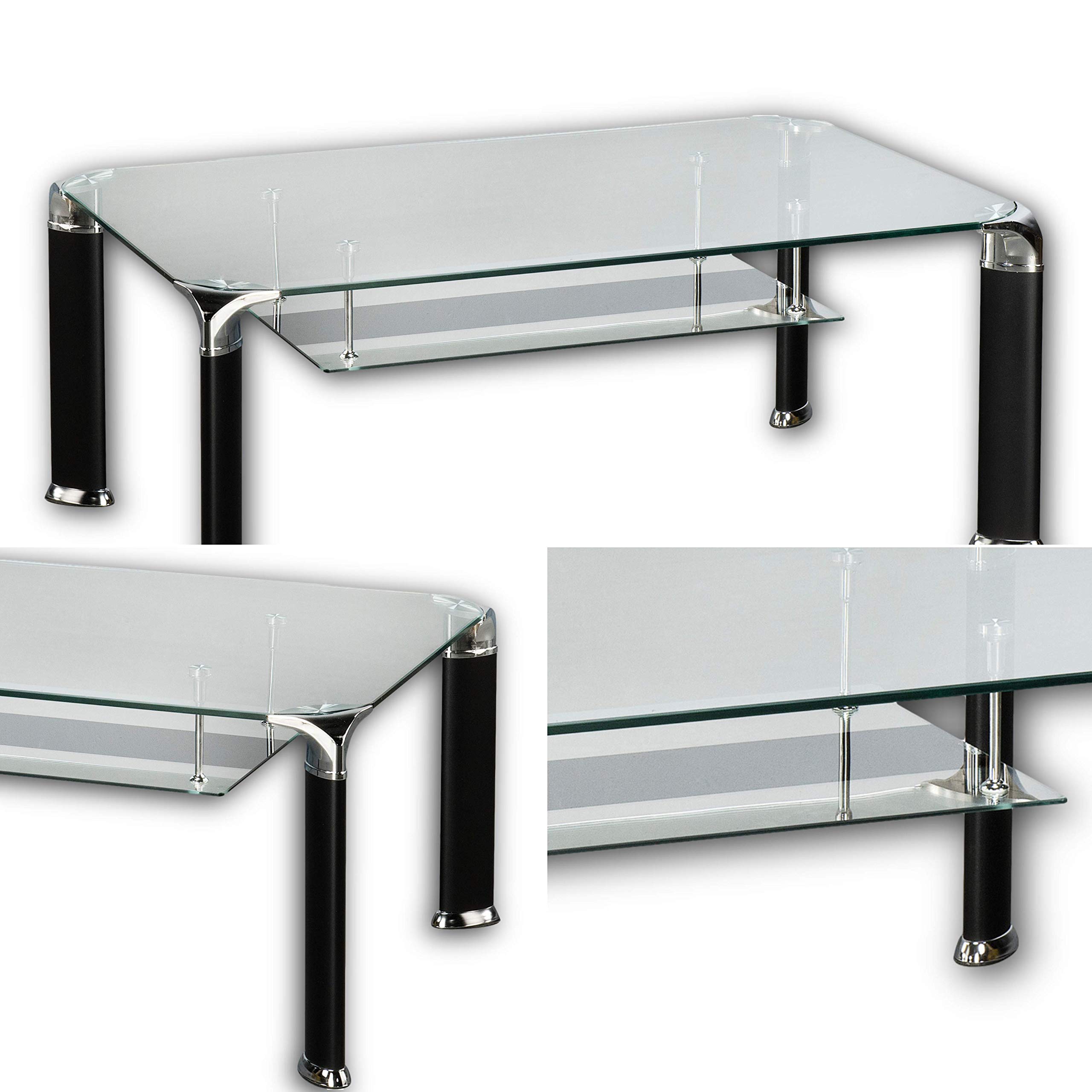 Stella Trading ALBERTO Couchtisch Glas mit schwarzem Metallgestell - geräumiger Glastisch mit Ablage für Ihren Wohnbereich - 100 x 42 x 60 cm (B/H/T)