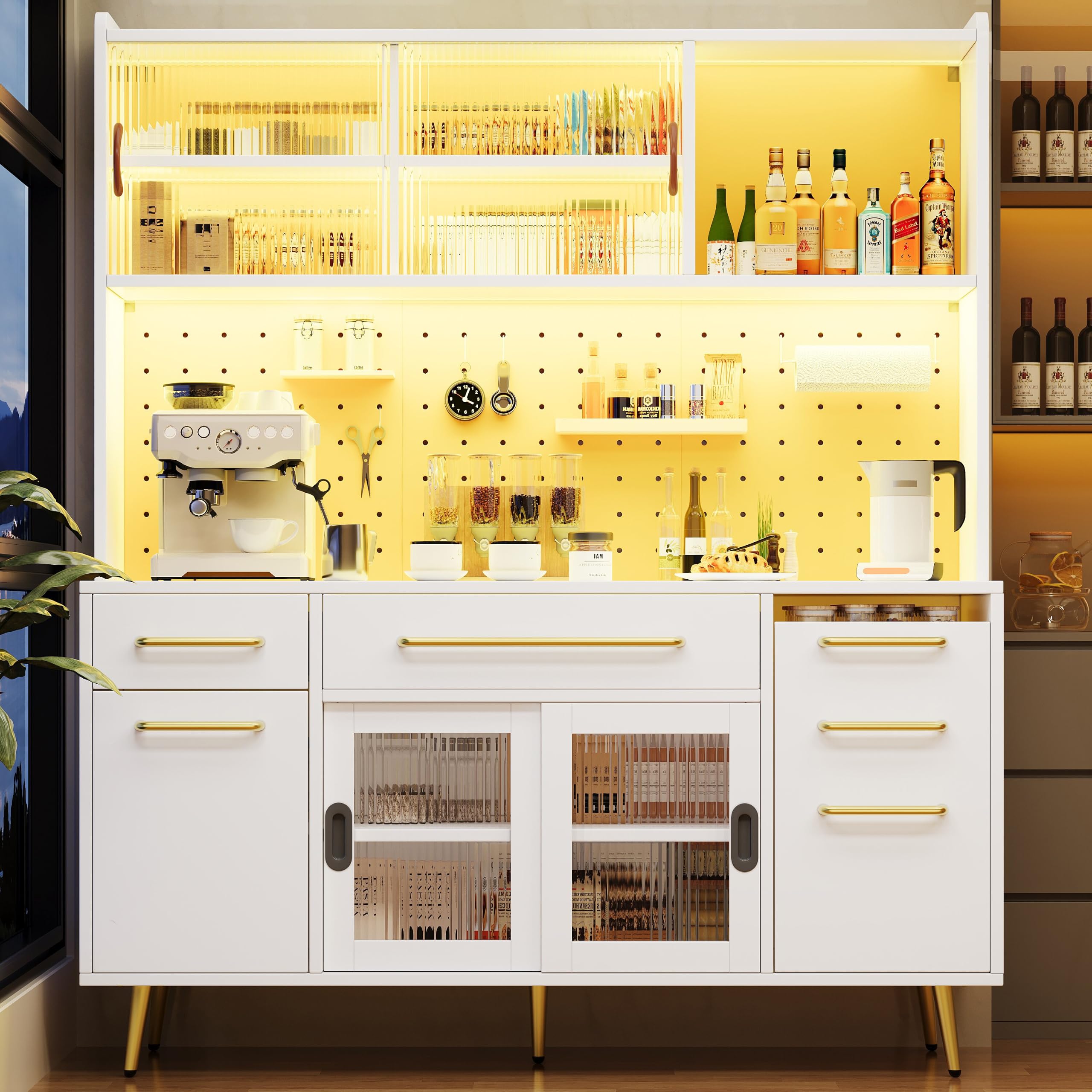 Merax Kitchen Cabinet with RGB LED Lights, 145 x 39 x 171 cm Kitchen Cupboard, Pantry Cupboard with Pegboard, Sliding Door, 2 Drawers, Adjustable Shelves, Glass Display Cabinet