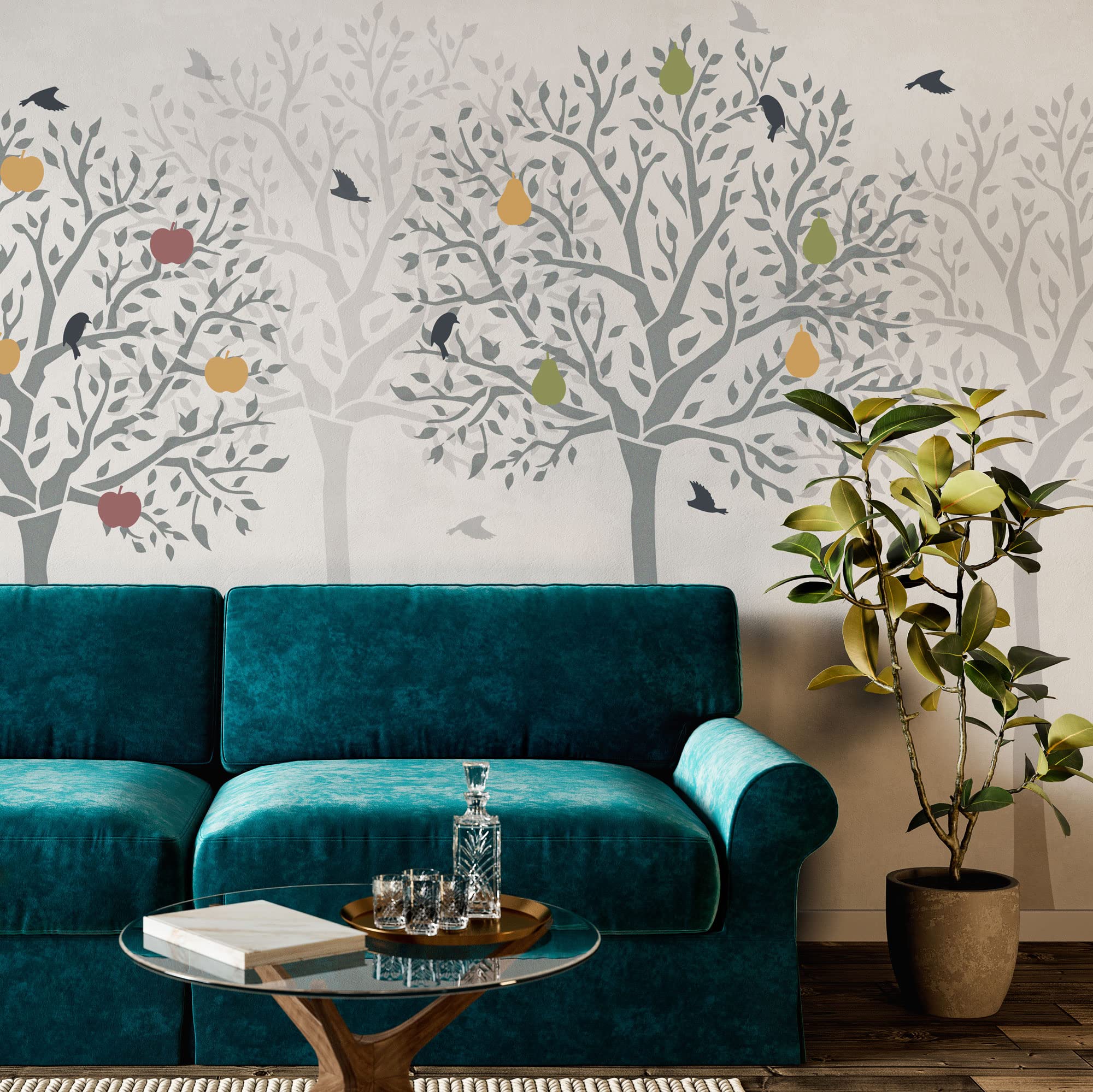 NAKLEO Plantilla para Pintar Paredes Grandes 104x167cm, Fruta Árbol Pájaro Patrón Plástico y Reutilizable, Stencil Manualidades DIY Artesanía Casa Decoración, Piso Madera Tejido Muebles