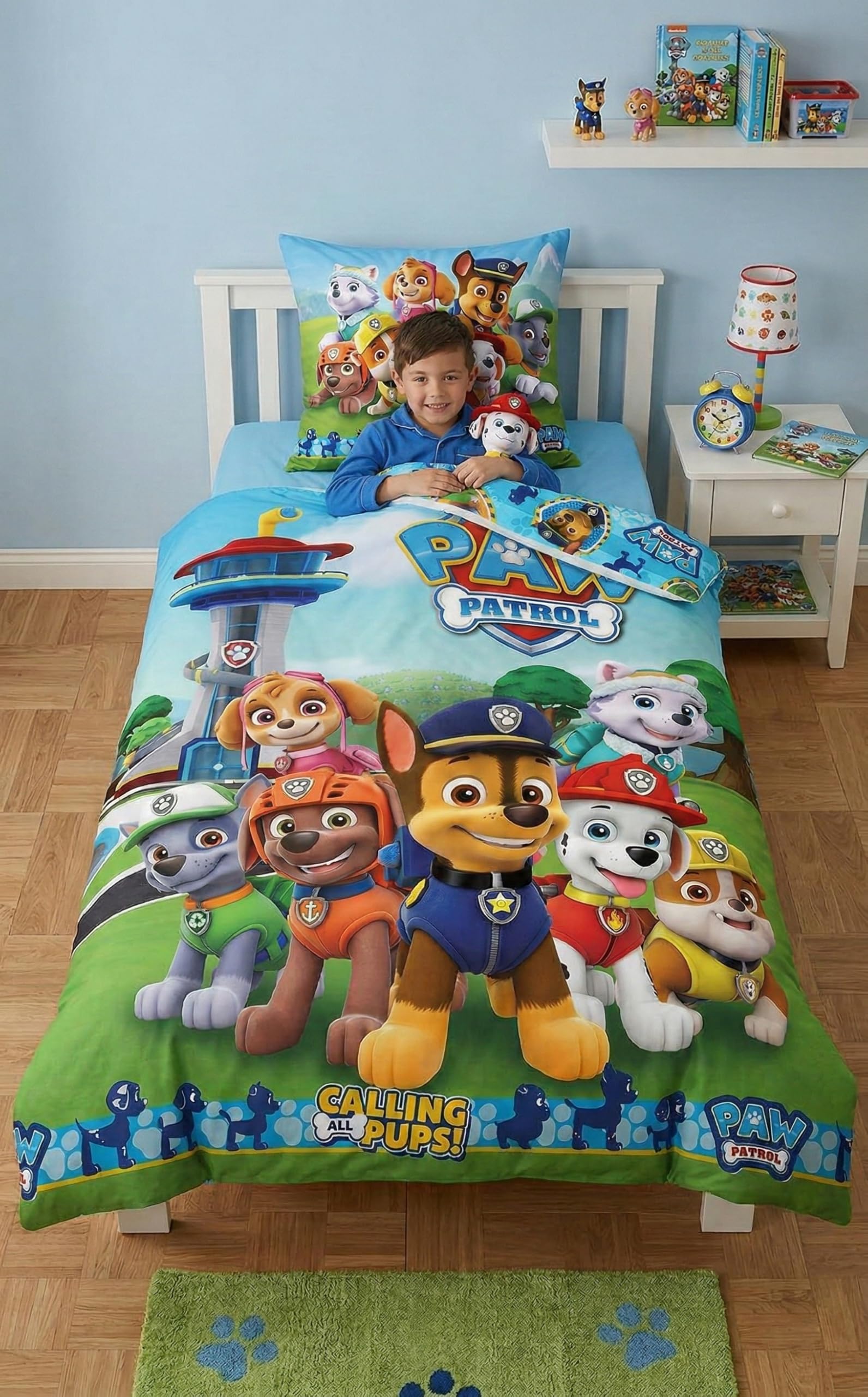 Paw Patrol Carbotex Bettwäsche Calling All Pups – Bettbezug 140 x 200 cm + Kissenbezug 65 x 65 cm | Wendebettwäsche Einzelbett | Naturbaumwolle atmungsaktiv | Nickelodeon | Kinder | Geschenk | Maschinenwaschbar