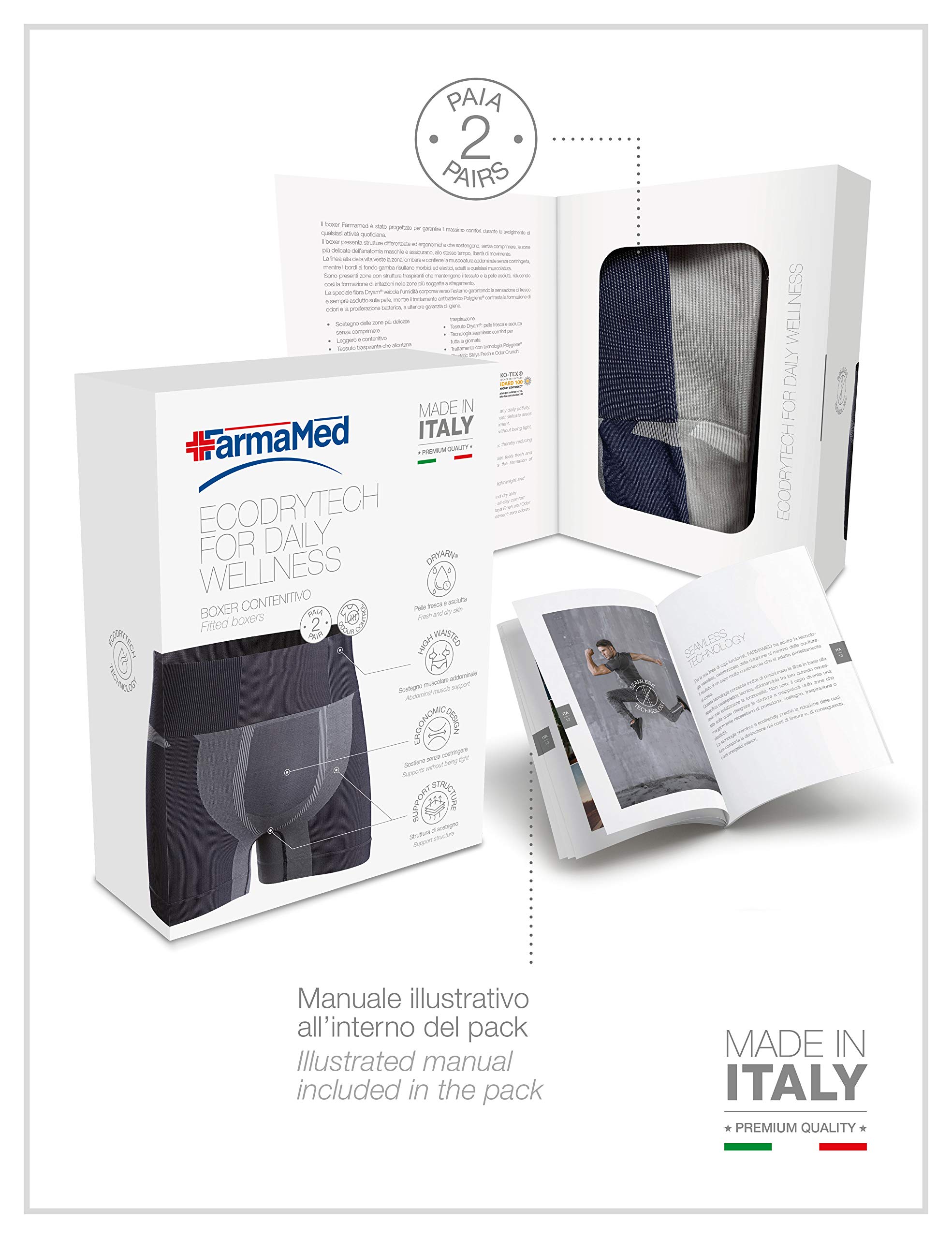 FarmaMed Ecodrytech Boxer Homme, Travail, Sport, Loisirs, Fitness, Seamless, Antibactérien, Anti-Odeur, 100% Fabriqué en Italie, Lot de 2