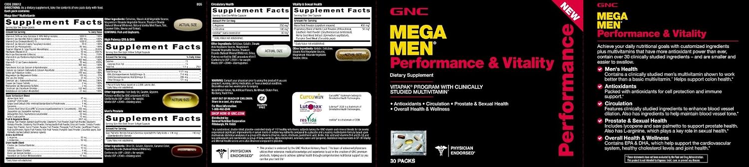 GNC Mega Men Performance Vitality Vitapak Program - Daily Multivitamin Capsule -Twin Pack