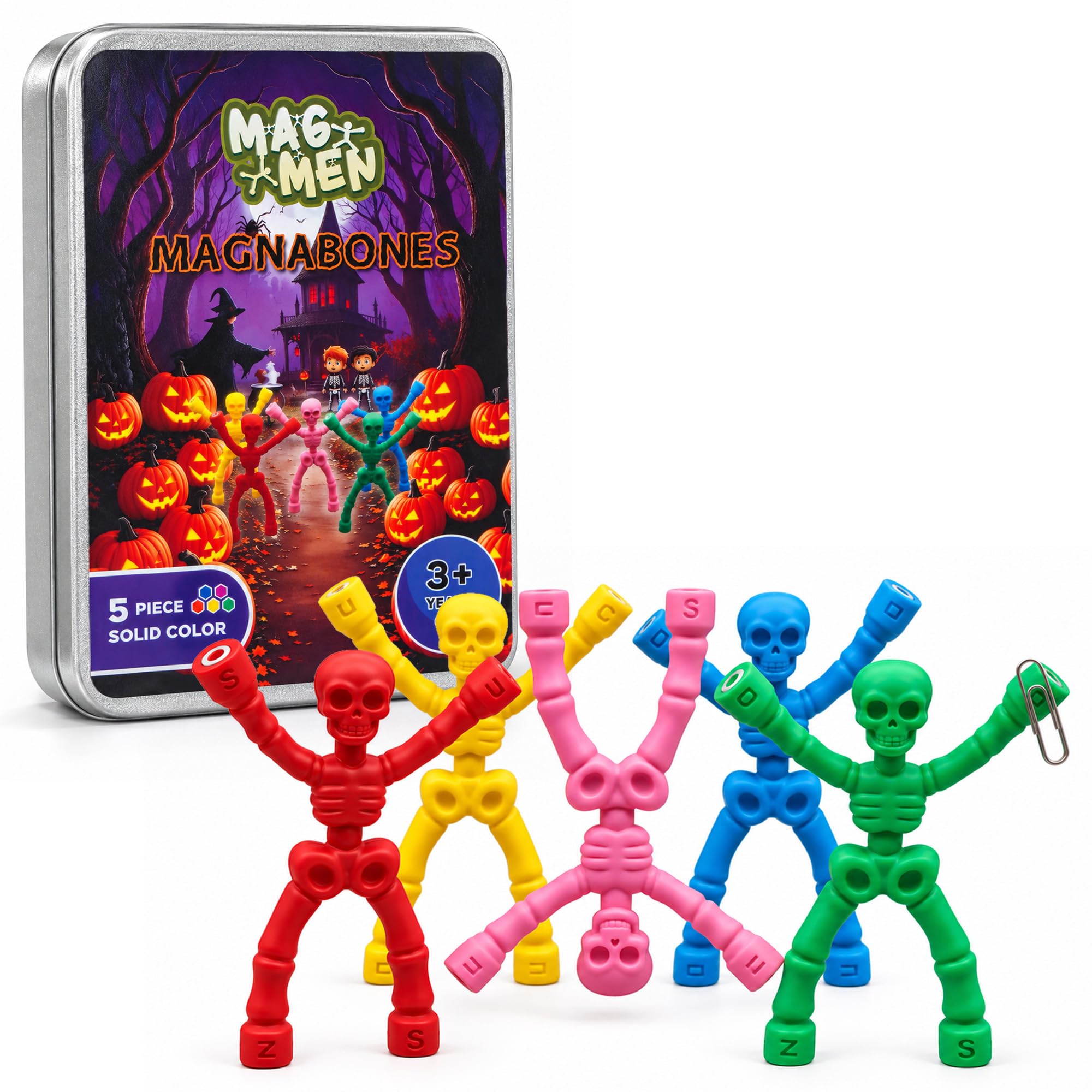 MAGMEN Magnetic Halloween Skeleton Gift for Kids, Fun Toy Fidget Figures | Poseable 3" skeleton fidget set, magnets securely embedded. Quiet screen free car and desk play w/metal play tin