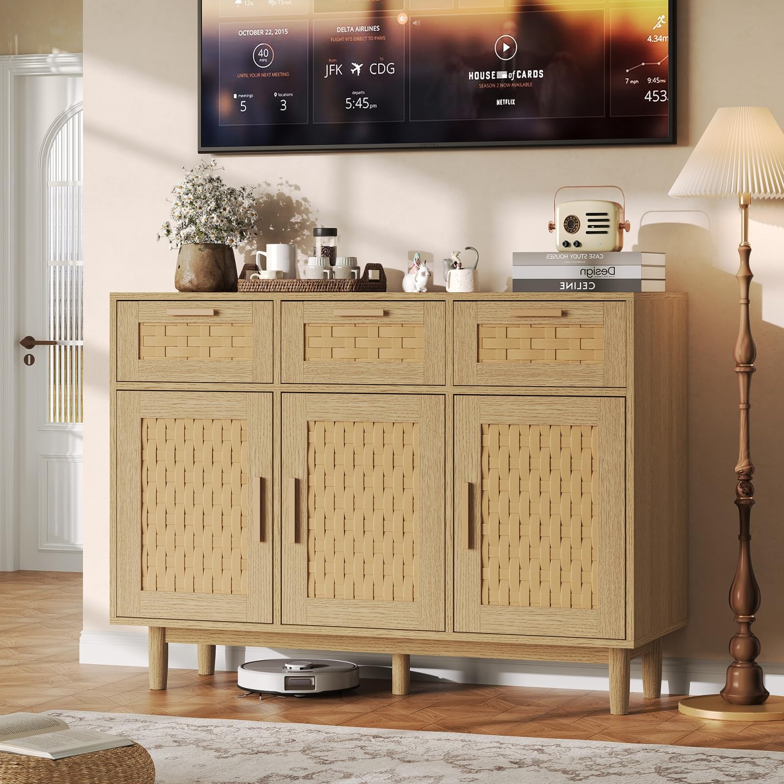 Kredens rattanowy z 3 szufladami i 3 drzwiami, szafka do przechowywania 107,9 x 40 x 80 cm z szafkami na drzwi, komoda z szufladami z nogami, kredens do przechowywania do przedpokoju, wejścia