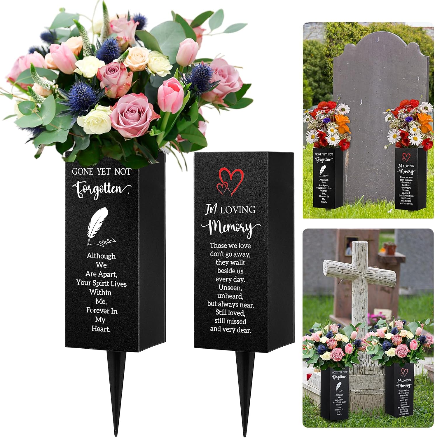 2 Pack Cemetery Grave Vase, Metal, Memorial Flower Holder with Spike and Drainage Holes for Fresh/Artificial Flowers Floral Graveyard Decor for Cemetery Grave Lawn Yard Memorial Day(Classic)