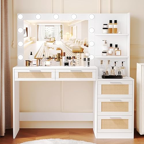 Rovaurx 46.7" Makeup Vanity Table with Lighted Mirror, Large Vanity Desk with Storage Shelf & 5 Drawers, Bedroom Dressing Table, 11 LED Lights, White and Natural RSZT106WM