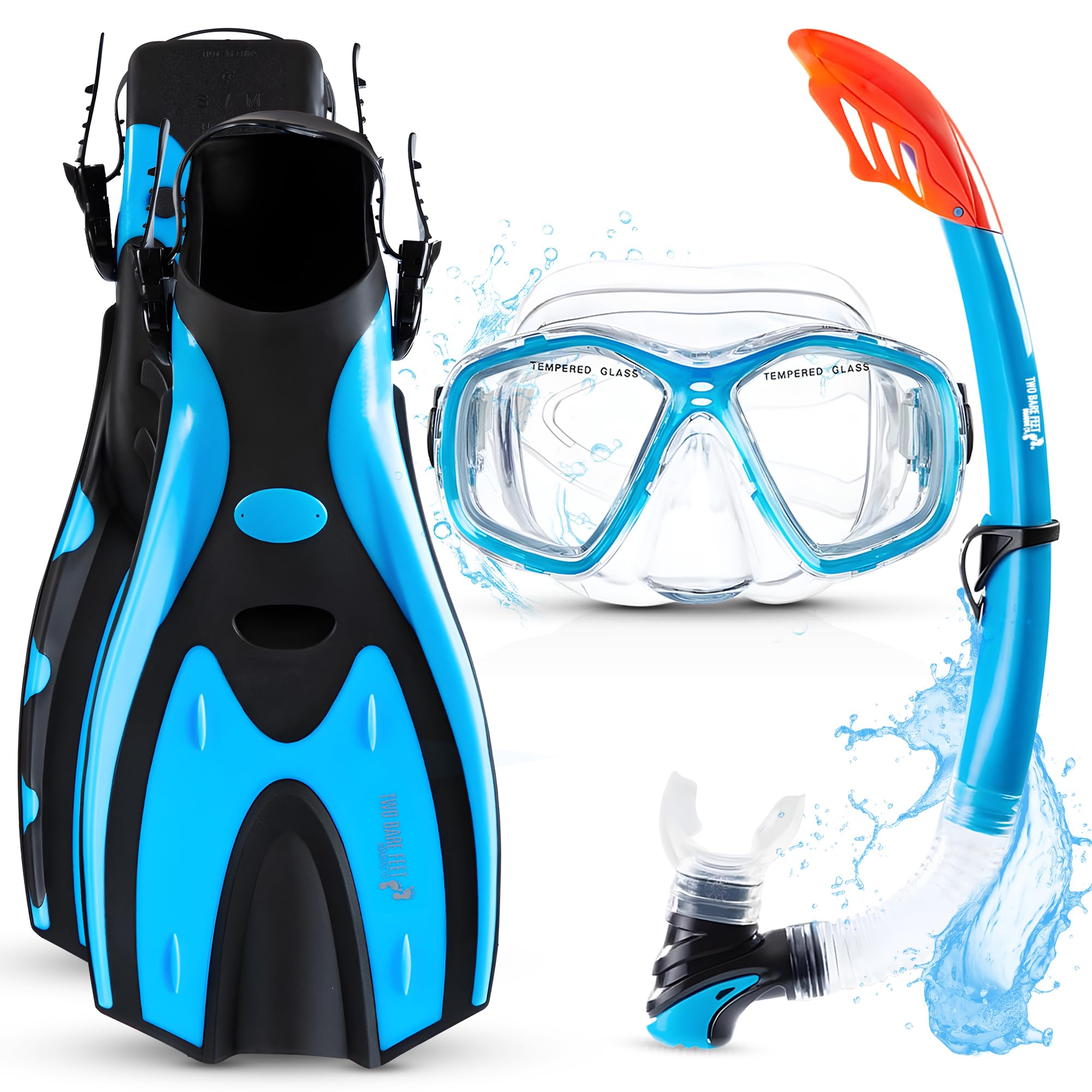Two Bare Feet Snorkel, Mask and Fins/Flippers PVC Snorkelling Set (Adults) With Anti Fog and Wide View Mask, Anti-Leak, Tempered Glass - Scuba Dive Snorkelling Sets (S/M (UK4.5-8.5), Aqua)