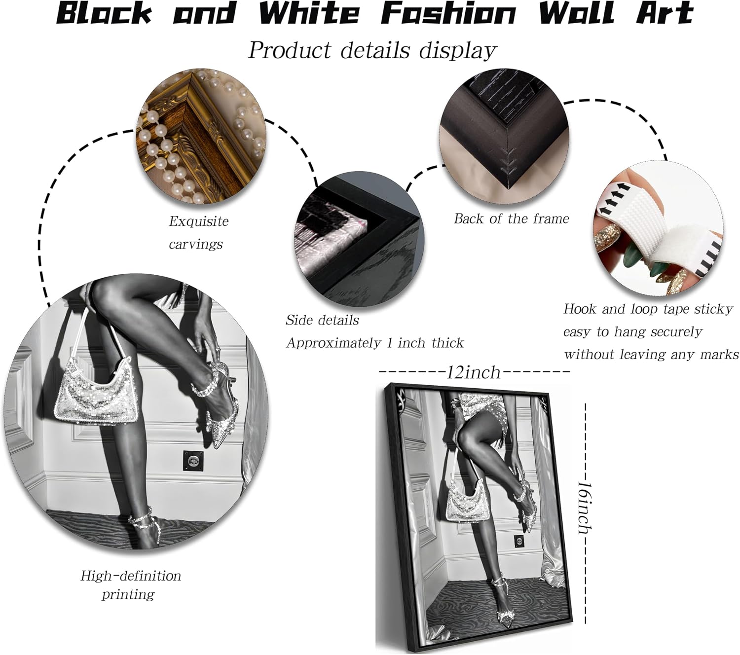 Framed Black and White Fashion Wall Art - Sequin Dress High Heel Print, Trendy Modern Luxury Glamorous Wall Decor for Bedroom Living Room Bathroom Gifts for Friends or Family (16L x 12W) image 3