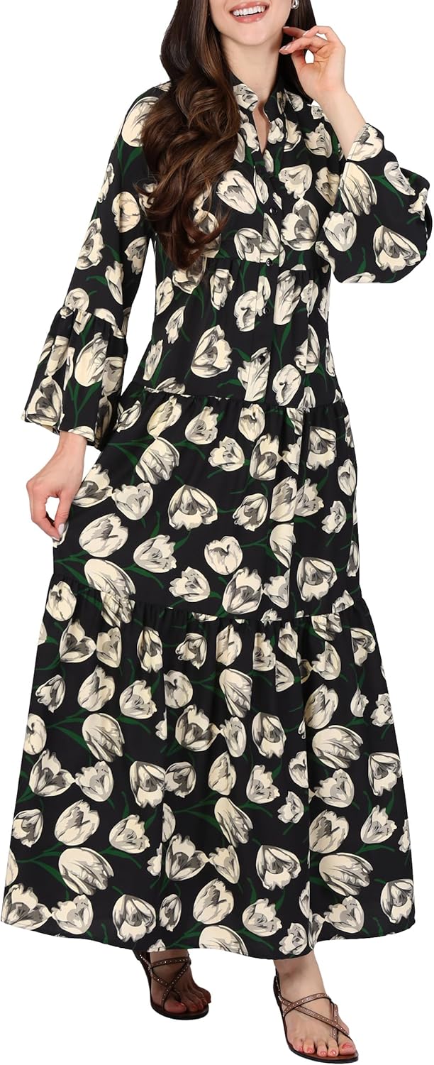 KOH KOH Womens 2026 Long Sleeve Pockets Summer Casual Floral Flowy Beach Maxi Dress