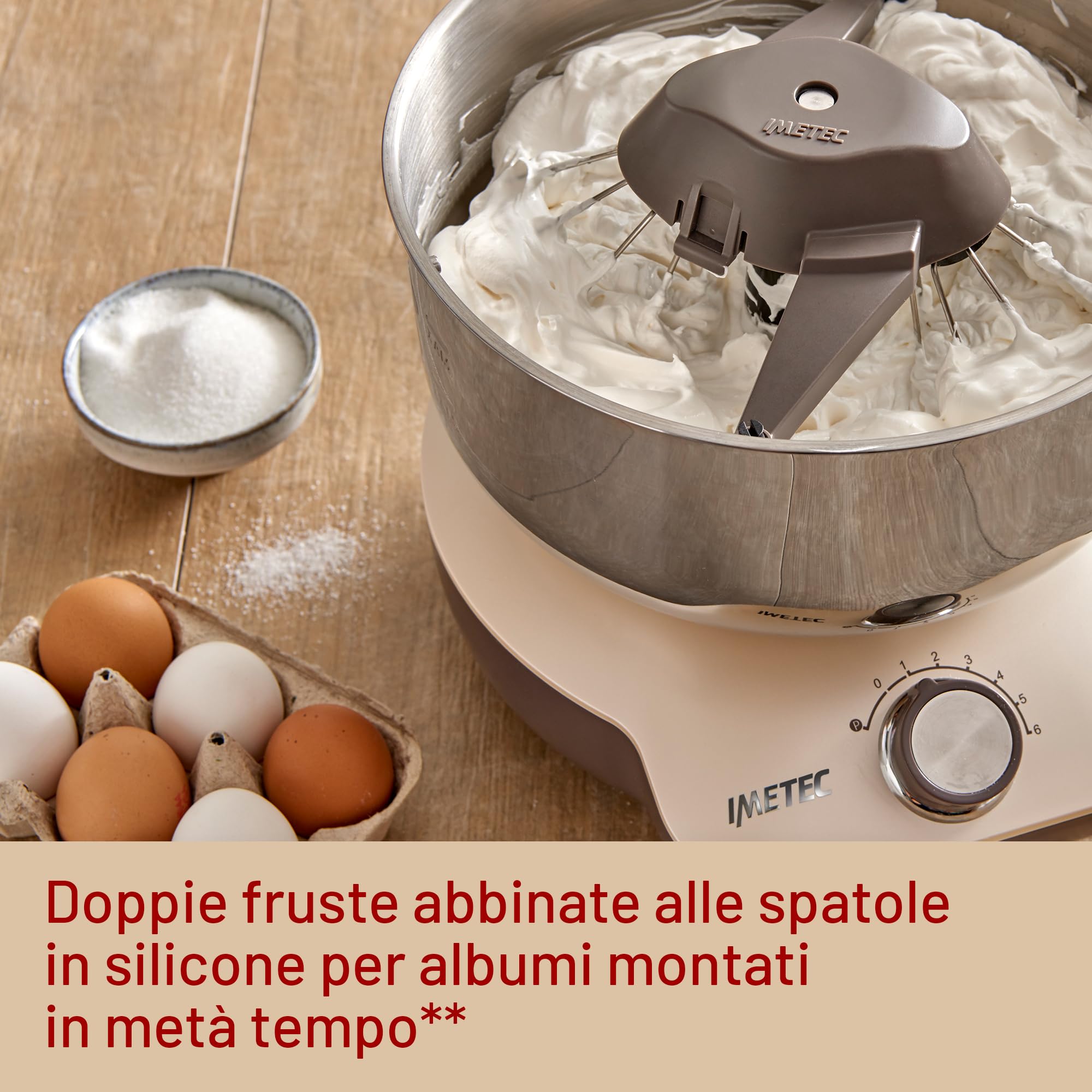 Imetec CakeLover, Impastatrice Planetaria di 5L per Torte, Dolci, Pizza, Pane, Pasta – 1500 W, 6 Velocità, Ciotola in Acciaio Inox, Doppio Gancio, Fruste – Design Compatto, Ricettario Incluso