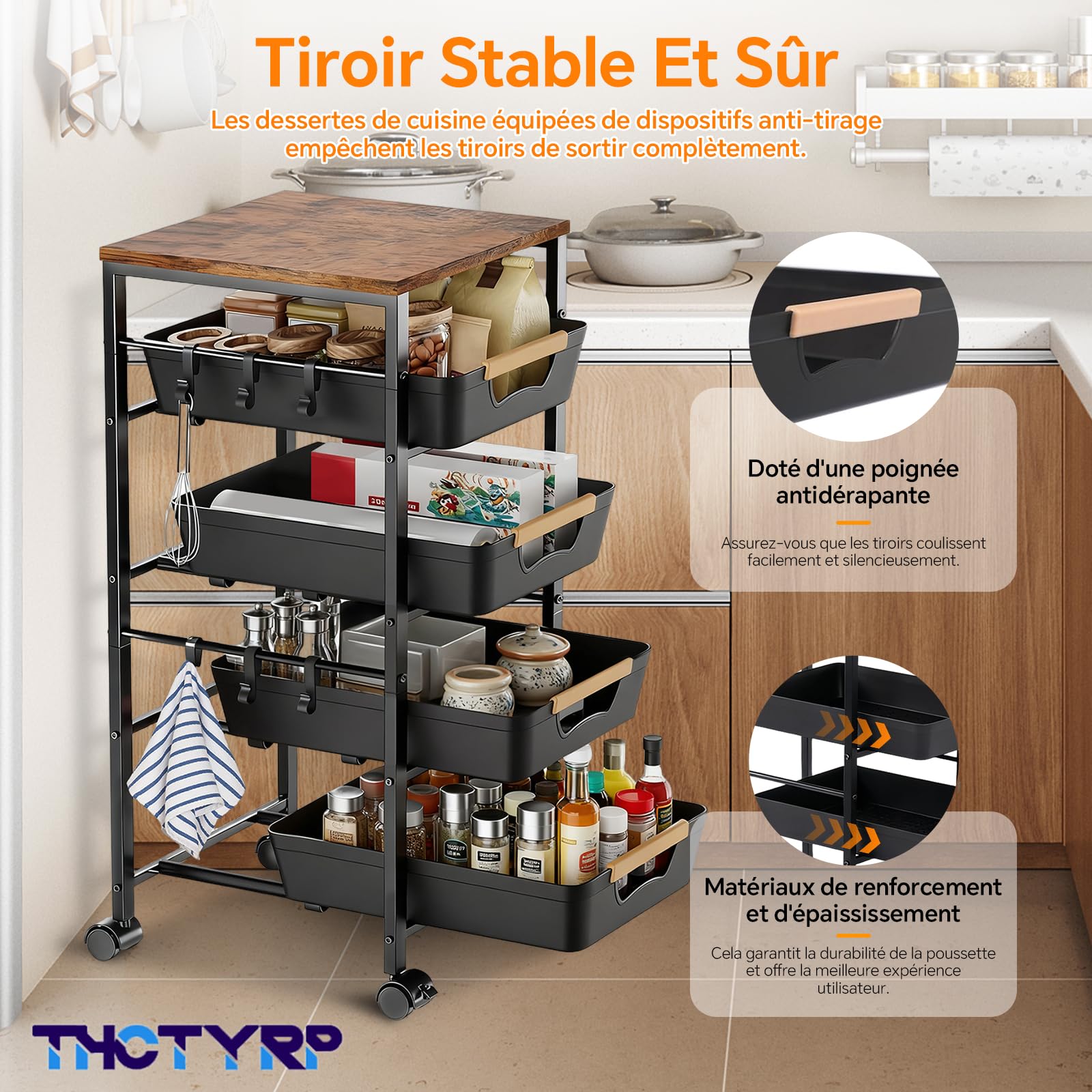 desserte à roulettes, Etagere Salle de Bain, Chariot 5 étages 4 tiroirs, roulettes 360° avec 2 Freins, adapté pour Cuisine et Salon, Salle de Bain, etc.