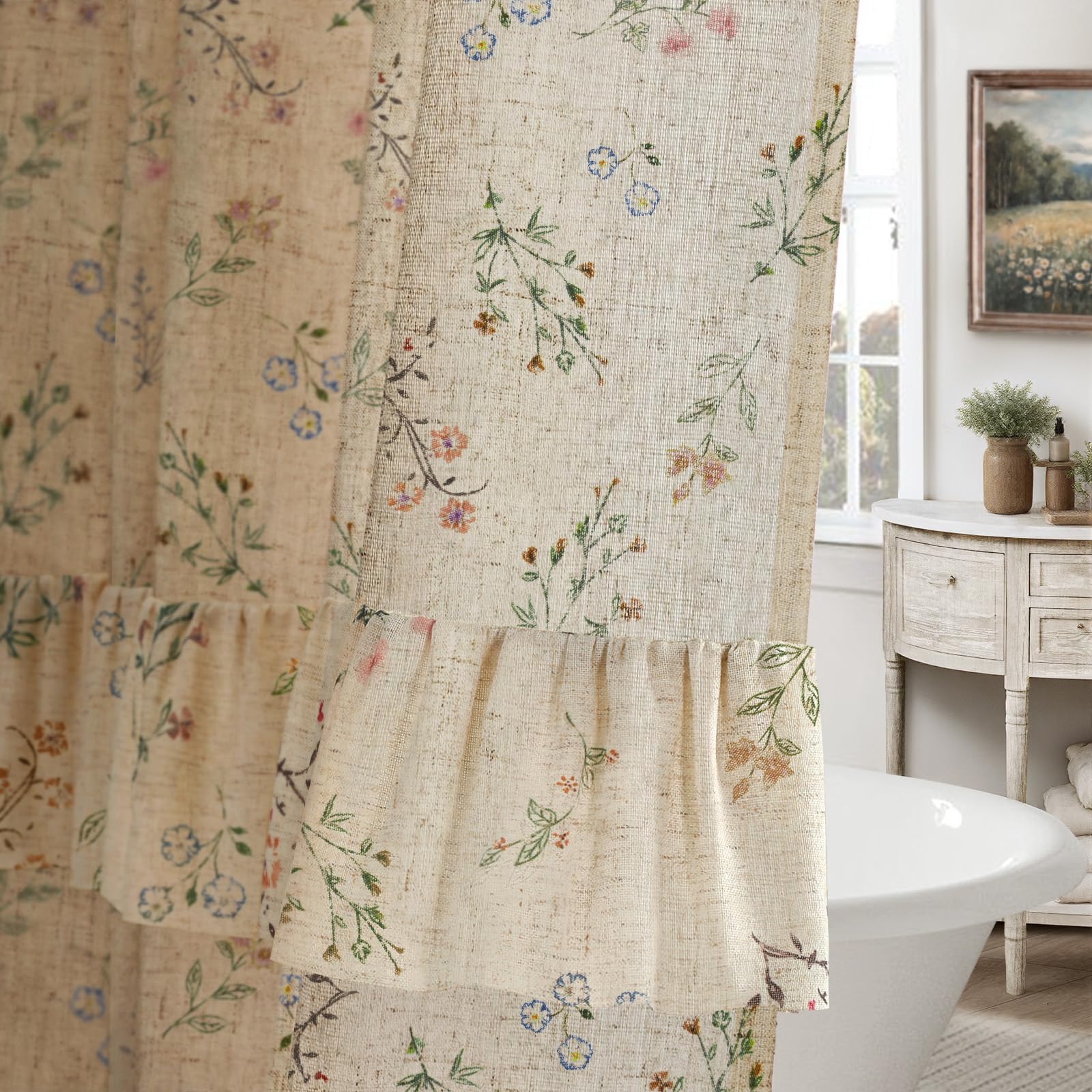 XOGUIBO Floral Vintage Linen Shower Curtain, French Country Ruffle Shower Curtains for Bathroom, 60Wx72H