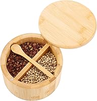 Vista 5 de Cuenco de bambú natural para sal y pimienta, bodega de sal de bambú y caja de almacenamiento de especias con cuchara integrada y tapa giratoria
