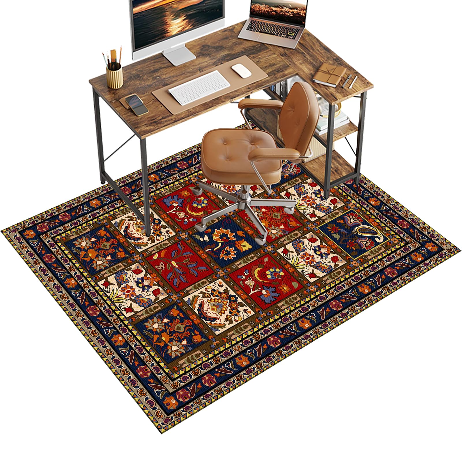Office Chair Mats For Carpeted Floor 100 x 120 cm Vintage Floor Protector Mat for Rolling Chair, Non-Slip Desk Chair Mat for Hard Floor, Gaming Chair Mat Hardwood Floors, Rectangular Home Office Rugs