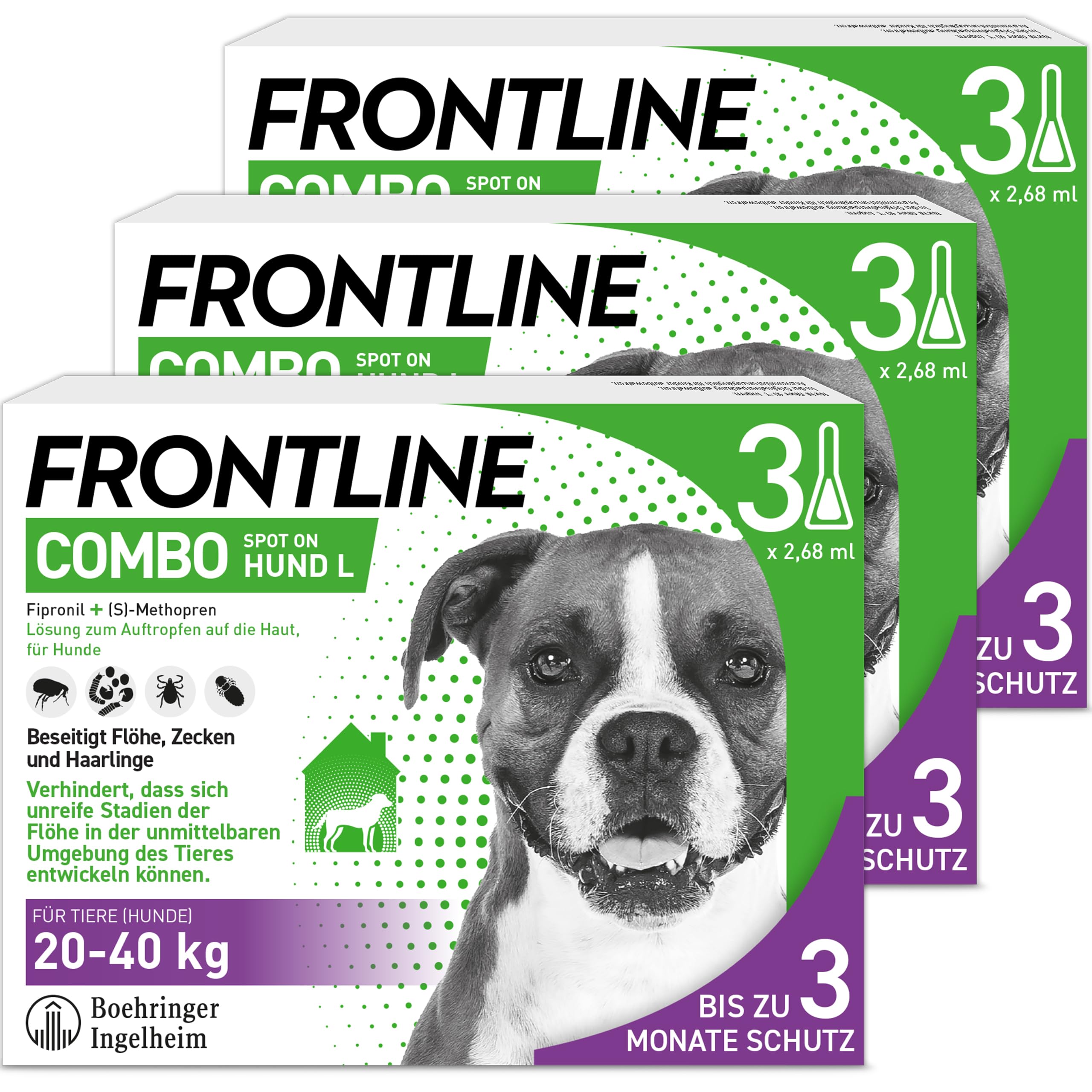 FRONTLINE Combo Hund L gegen Zecken, Flöhe & Haarlinge (20 bis 40 kg) | 3x Pipetten (3er Pack) für bis zu 9 Monate Schutz - gegen Floheier, Larven & Puppen im Haushalt - wasserfest