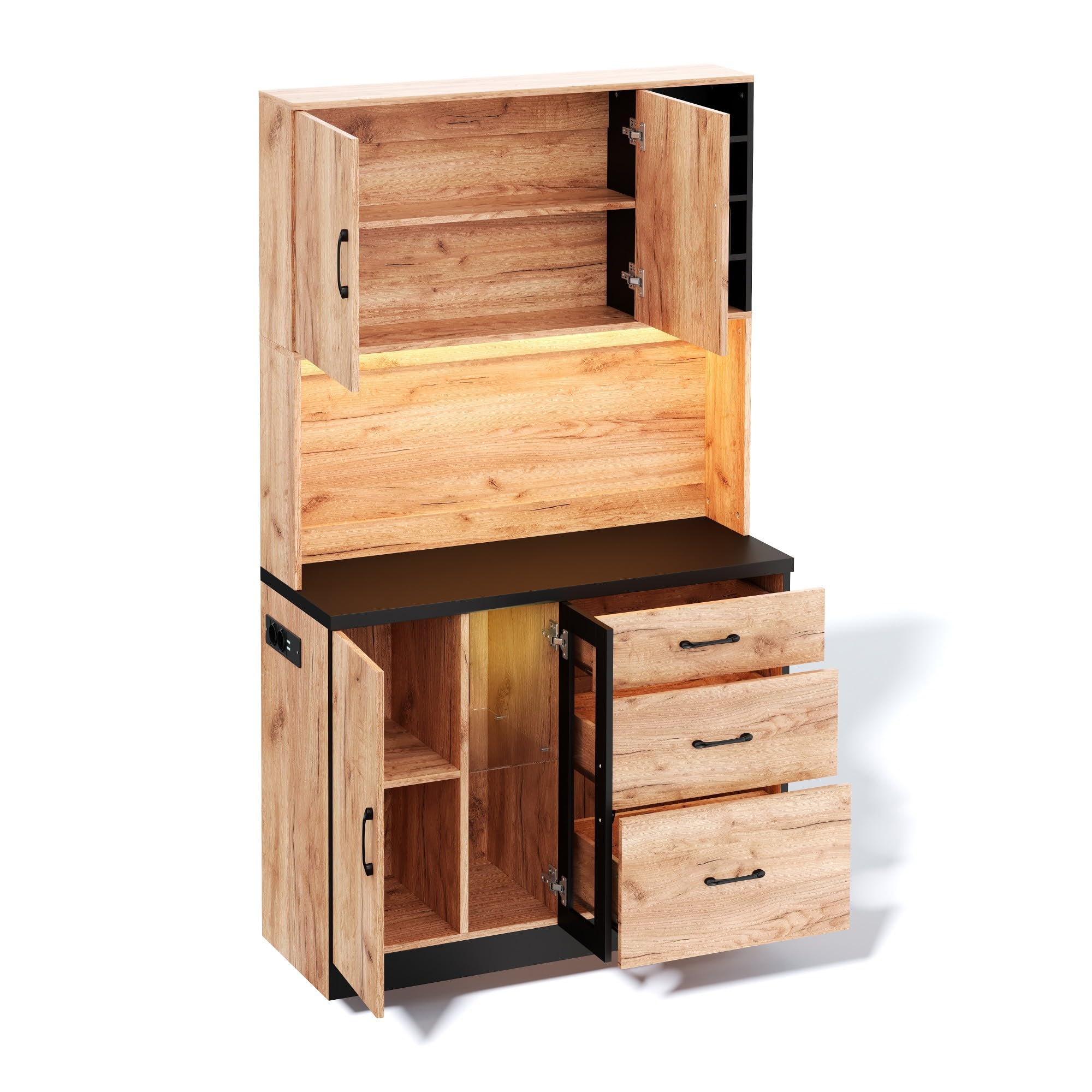 Mobile moderno da cucina, 105 × 38,3 × 180 cm, nero + effetto legno, ripiani regolabili, adatto per cucina, sala da pranzo, soggiorno