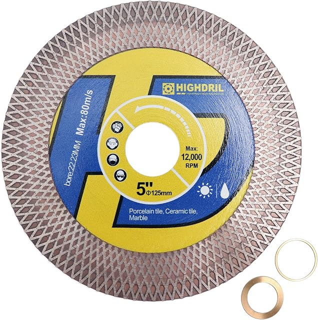 HIGHDRIL Tile Diamond Saw Blade Cutting Disc Wheel 5"/125mm for Dry/Wet Cutting & Grinding Porcelain Granite Marble Ceramic Artificial Stone