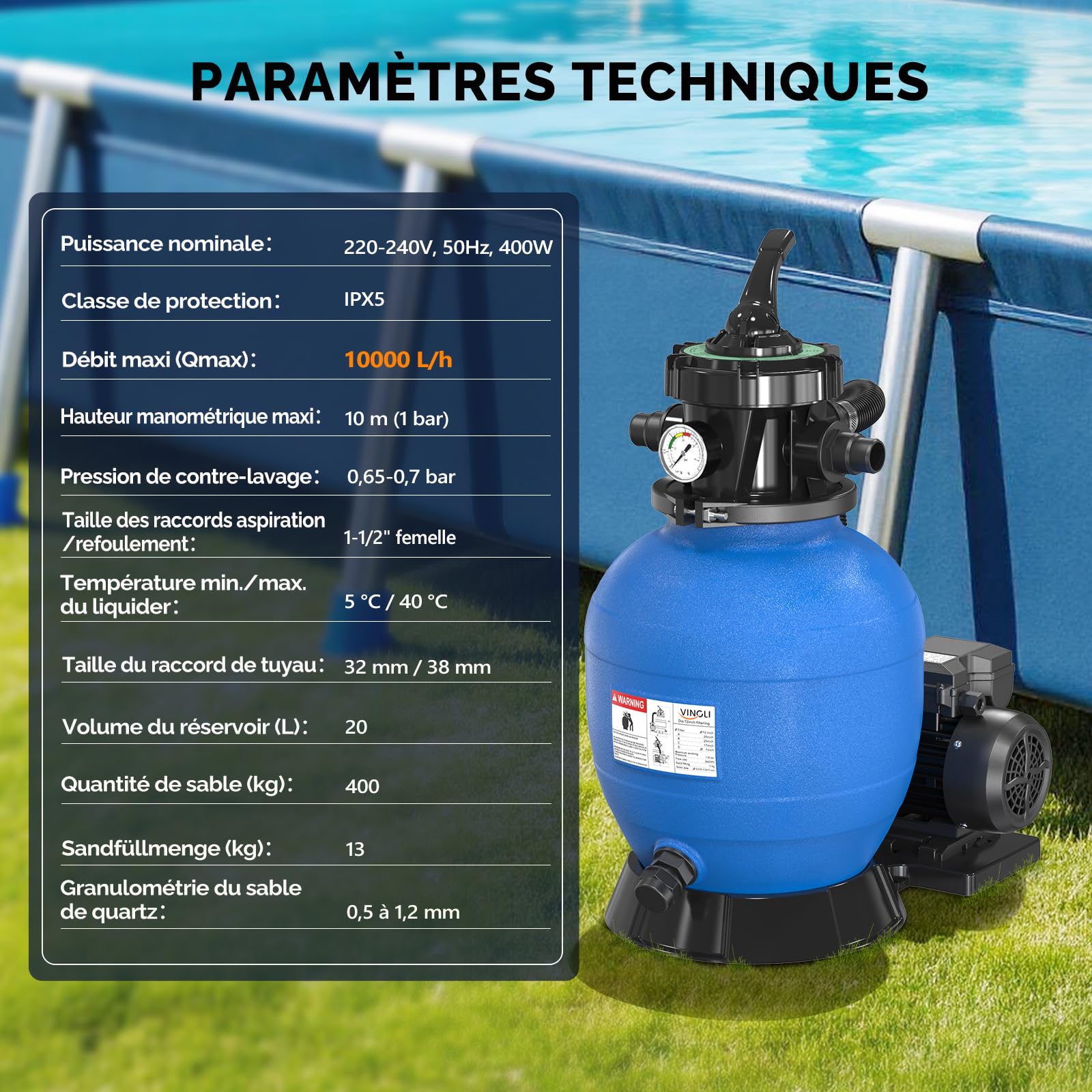 LEADZM Pompe Piscine Filtre à Sable 10 m³/h + 500g Boules de Filtre, Filtre a Sable Piscine avec Vanne 7 Voies, Pour Bassins jusqu’à 37 m³ (Bleu)
