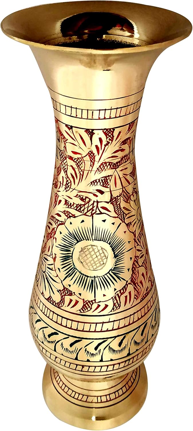 Made of Brass - 8 inch high Vase - A Rare Indian Decor - Alluring Nakkashi, Lovely Collectible - for Dry Flowers, Not Recommended for Water Filling