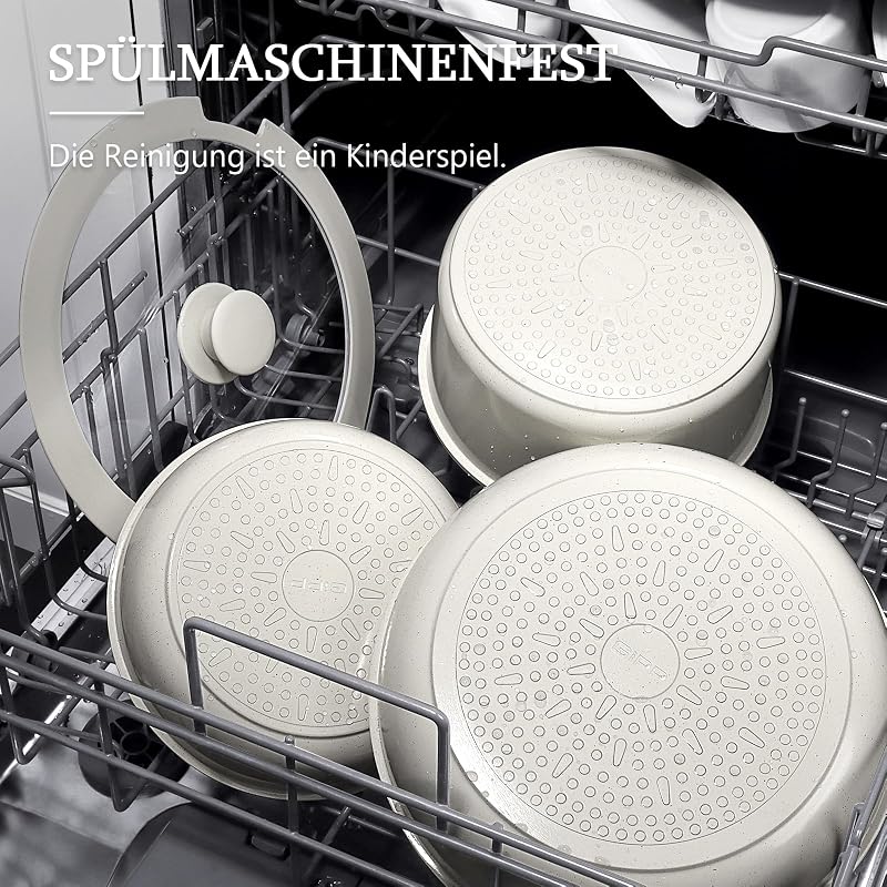 Set de vase GiPP de 11 piese cu mâner detașabil, strat antiaderent, compatibil cu inducție și rezistent la cuptor, alb