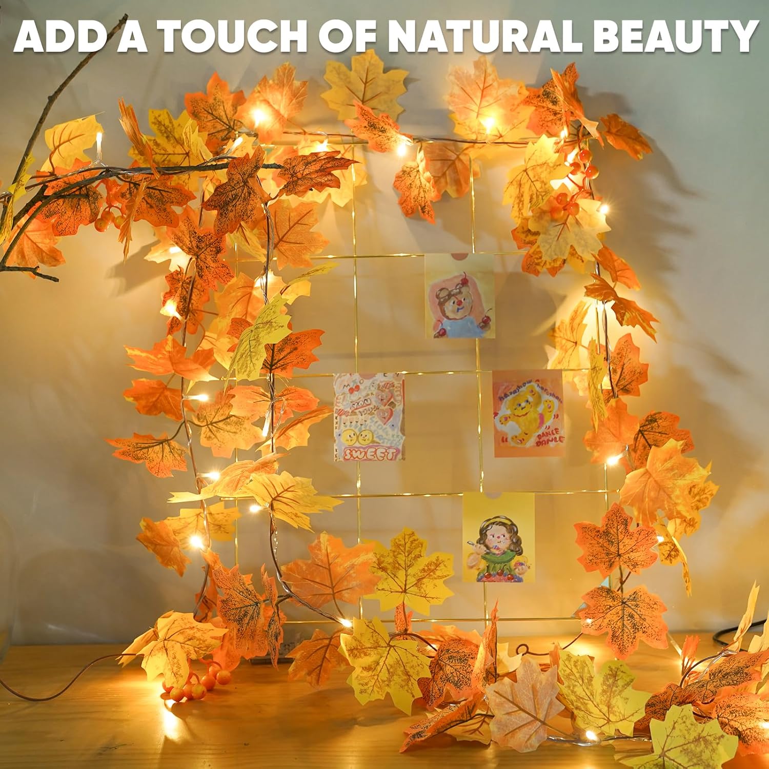 suddus Fall Leaves Garland with Lights, 20LED Battery Operated Fall Lights with Timer, Thanksgiving Decoration for Home, Table, Mantle, Office, Outdoor, Autumn, Halloween, Yellow