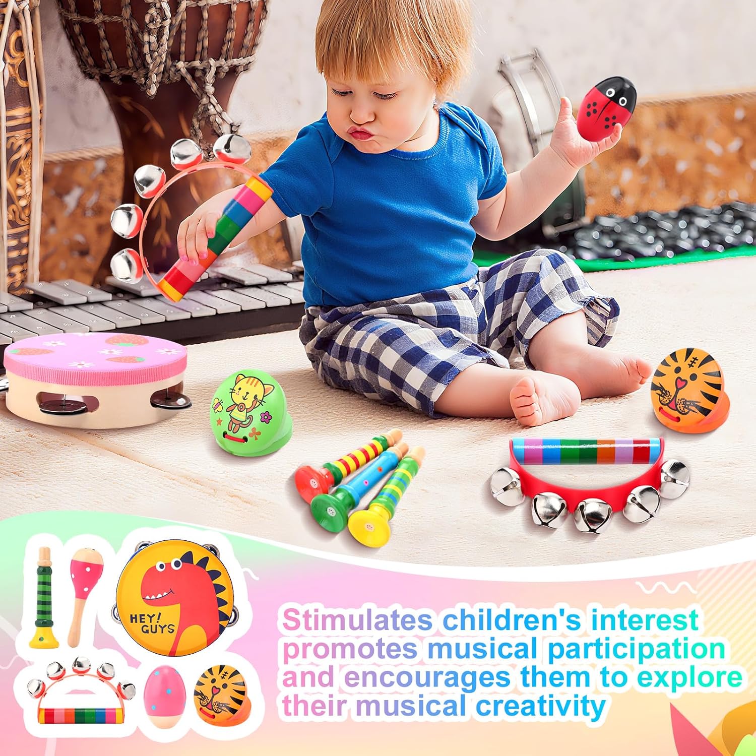 36 Pcs Shaker Musical Instruments for Kids Egg Shaker Wooden Trumpet Hand Held Tambourine Maracas Percussion Tambourine Drum Plastic Castanets for Preschool Early Music Learning Toy