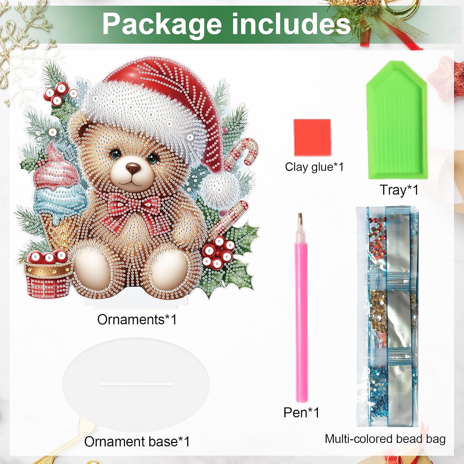 5D Diamond Art Painting Ornament Kits Christmas Bear Doll, DIY Diamond Painting Desktop Ornament, Special Shaped Crystal Rhinestone Diamond Art Tabletop Home Office Christmas Tree Decor (24x24.6cm) image 3