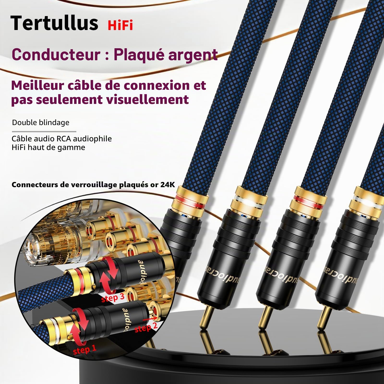 Tertullus Câble RCA Haut de Gamme 1 m - OFC Plaqué Argent Avec Double Blindage - 2 Fiches Vers 2 Fiches - Signal Hi-Fi pour CD, Amplificateur, Audio, Décodeur