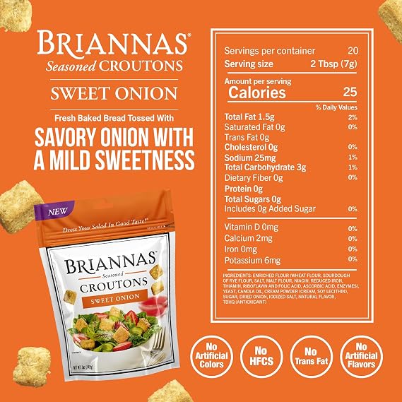 BRIANNAS - Crouton Variety Pack - Parmesan and Fine Herbs, Sweet Onion, and Honey Mustard Croutons - Baked-in Flavor, Crispy Croutons for Salads and More - 5 oz. Bags - 3 Pack