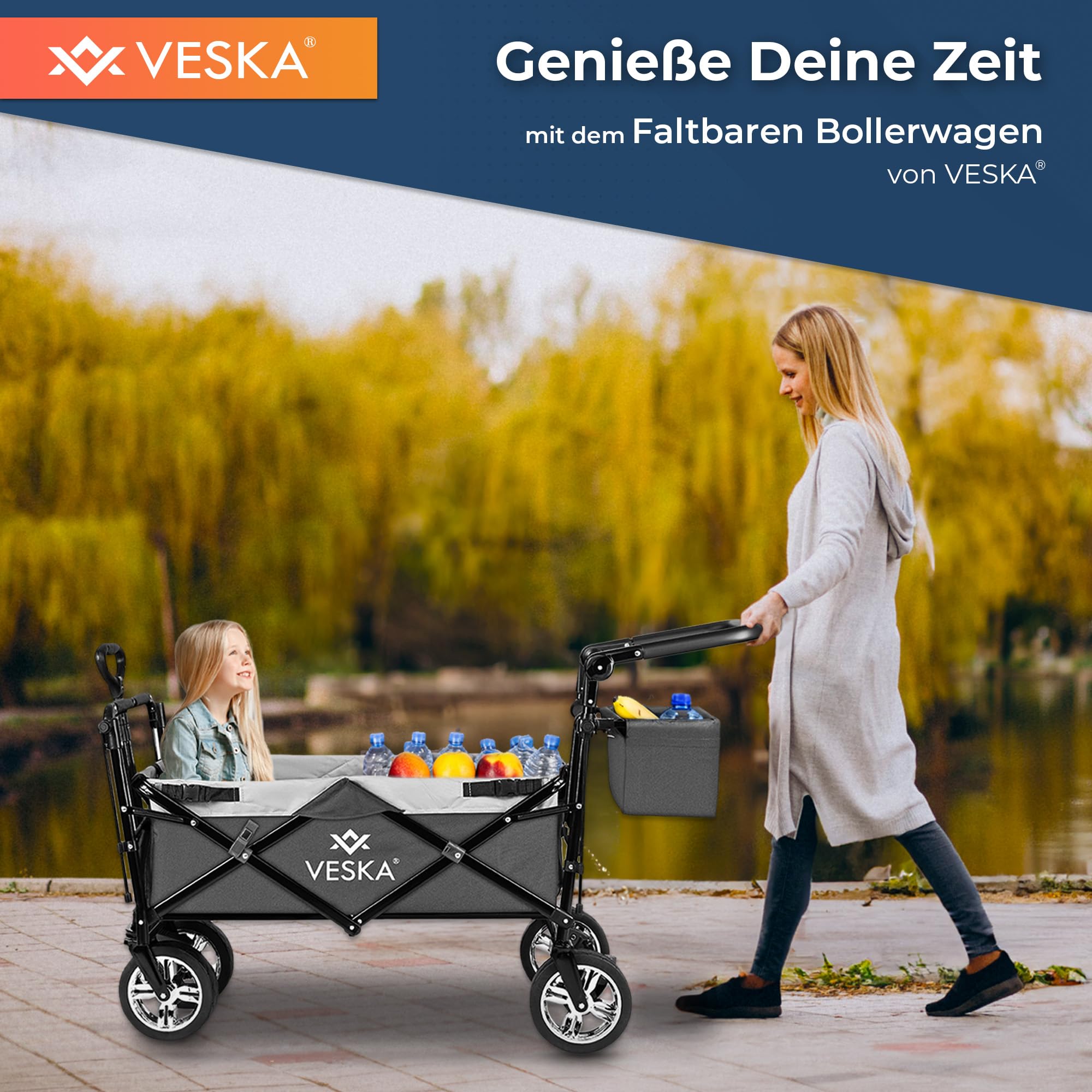 Bollerwagen faltbar mit Dach, Moskitonetz, Regencover, Handwagen Transportwagen | 2 Sitzer, Gurtsystem | klappbar | Vollgummi-Reifen | bis 80 kg | Vorder- und Hinter-Bremse + Tragetasche (anthrazit)