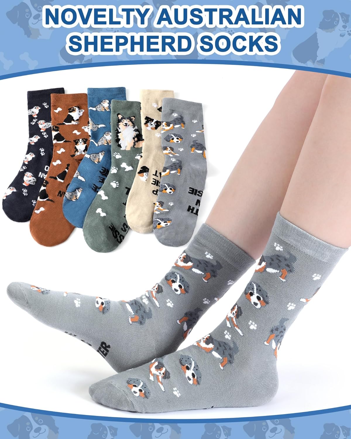 Cuffbow 6 Pairs German Australian Shepherd Socks for Men Funny Cotton Dog Crew Socks Shepherd Dog Lovers Gifts for Valentine - Image 4