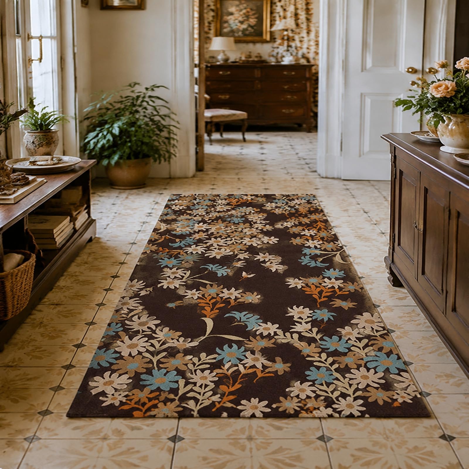 Generico Tappeto,Motivo floreale nei colori marrone blu arancione bianco e beige 110 x 160 cm, Lavabile Tappeti Pelo Corto Corridoio camera da letto cucina soggiorno,