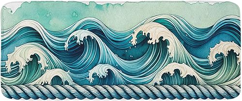 Ambesonne Tapete náutico de cocina, arte cian de ondas japonesas y cuerdas con tonos oceánicos aguamarina, tapete decorativo de cocina de felpa