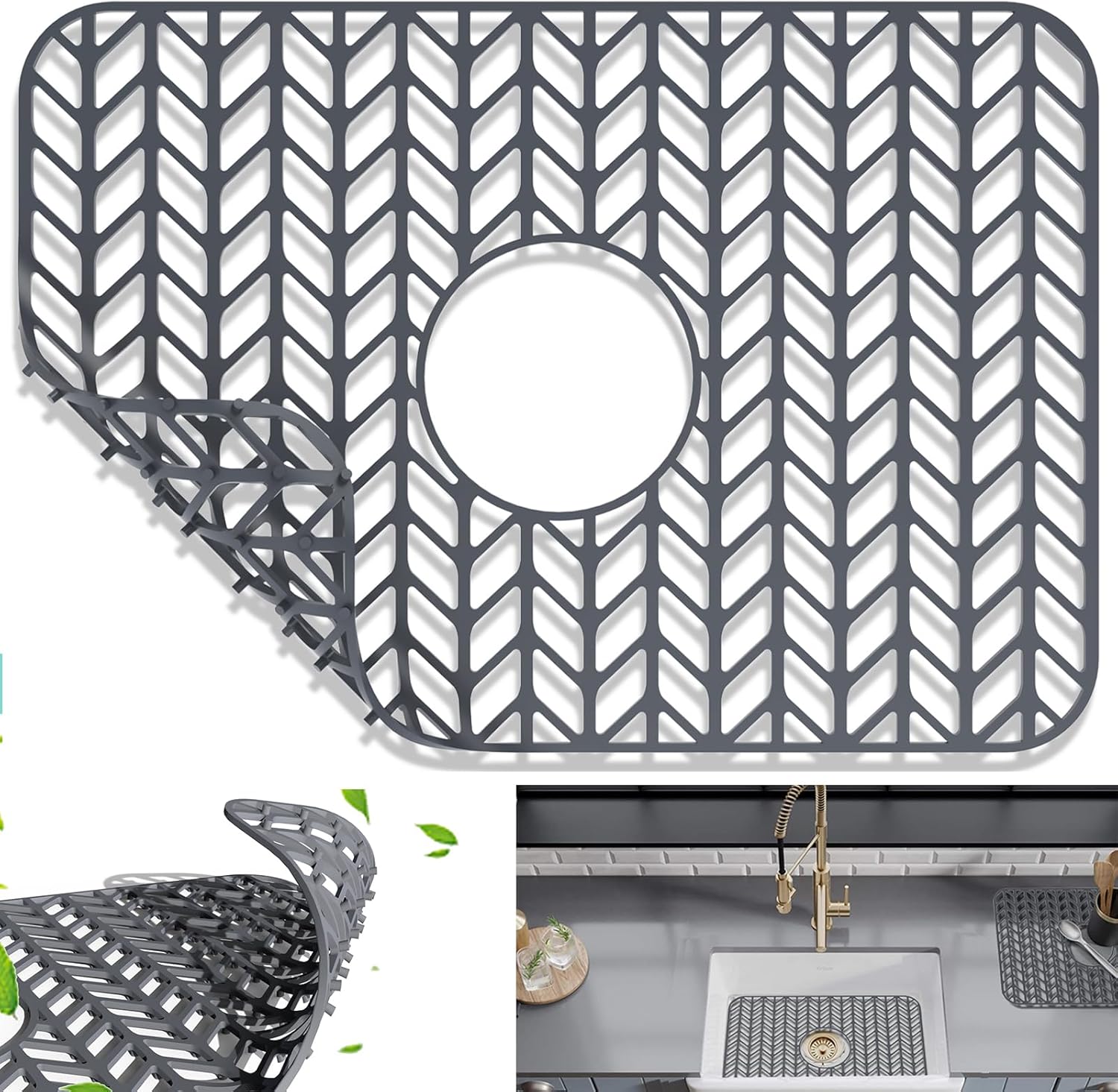 AWOKE Sink Protectors for Kitchen Sink | 16.2"x 12.5" Kitchen Sink Mats for Bottom of Kitchen Sink | Sink Inserts for Kitchen Sink of Stainless Steel Sink | Center Drain (Grey) 16.2 x 12.5 Center Drain