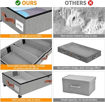 2 Pack Under Bed Storage Box with Lid Wheels, Clothes Boxes Bags with Clear Lids, Metal Frame Underbed Organiser Box, Home Closet Organization Drawer Bins for Clothes Shoes Toys Blankets, Grey