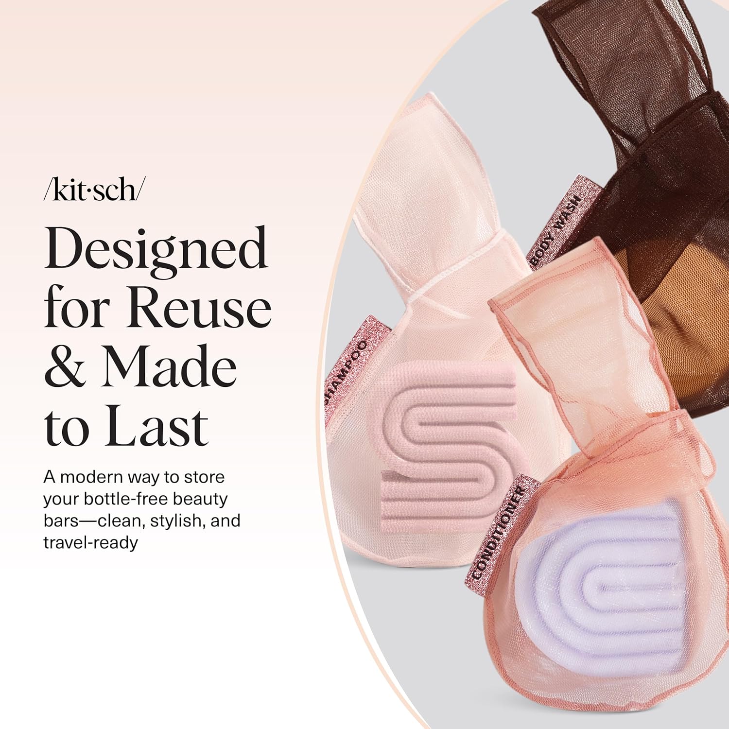 Kitsch Bar Soap Saver Bag – Patented Mesh Bag Soap Holder for Shampoo, Conditioner & Body Wash Bar - Extends Use & Prevents Soggy Mess - Recycled Mesh Pouch - Blush, Terracotta & Chocolate, 3pc Set - Image 8
