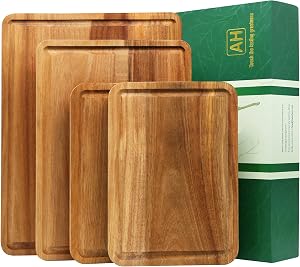 AZRHOM Large Wood Cutting Boards (Set of 4) for Kitchen Cheese Charcuterie Board (Gift Box Included) Acacia Butcher Block with Non-Slip Mats, Juice Groove and Handles (16x12, 14x10, Double 11x8 inch)