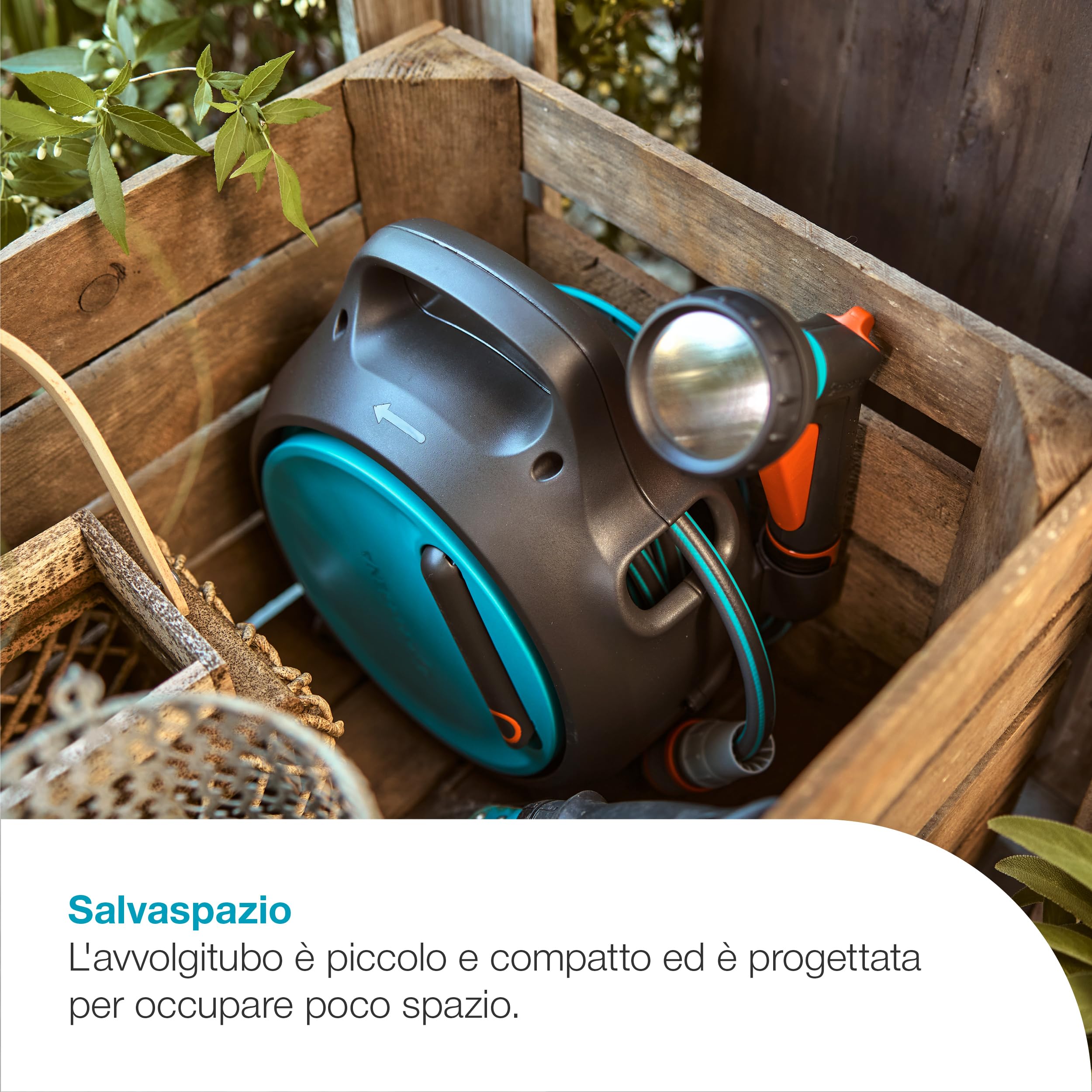 Gardena Avvolgitubo Portatile Move Avvolgitubo: Compatto e facile da trasportare, Riavvolgimento del tubo comodo, Salvaspazio, Perfetto per balconi, terrazze e utilizzo fuori casa (18692-20)